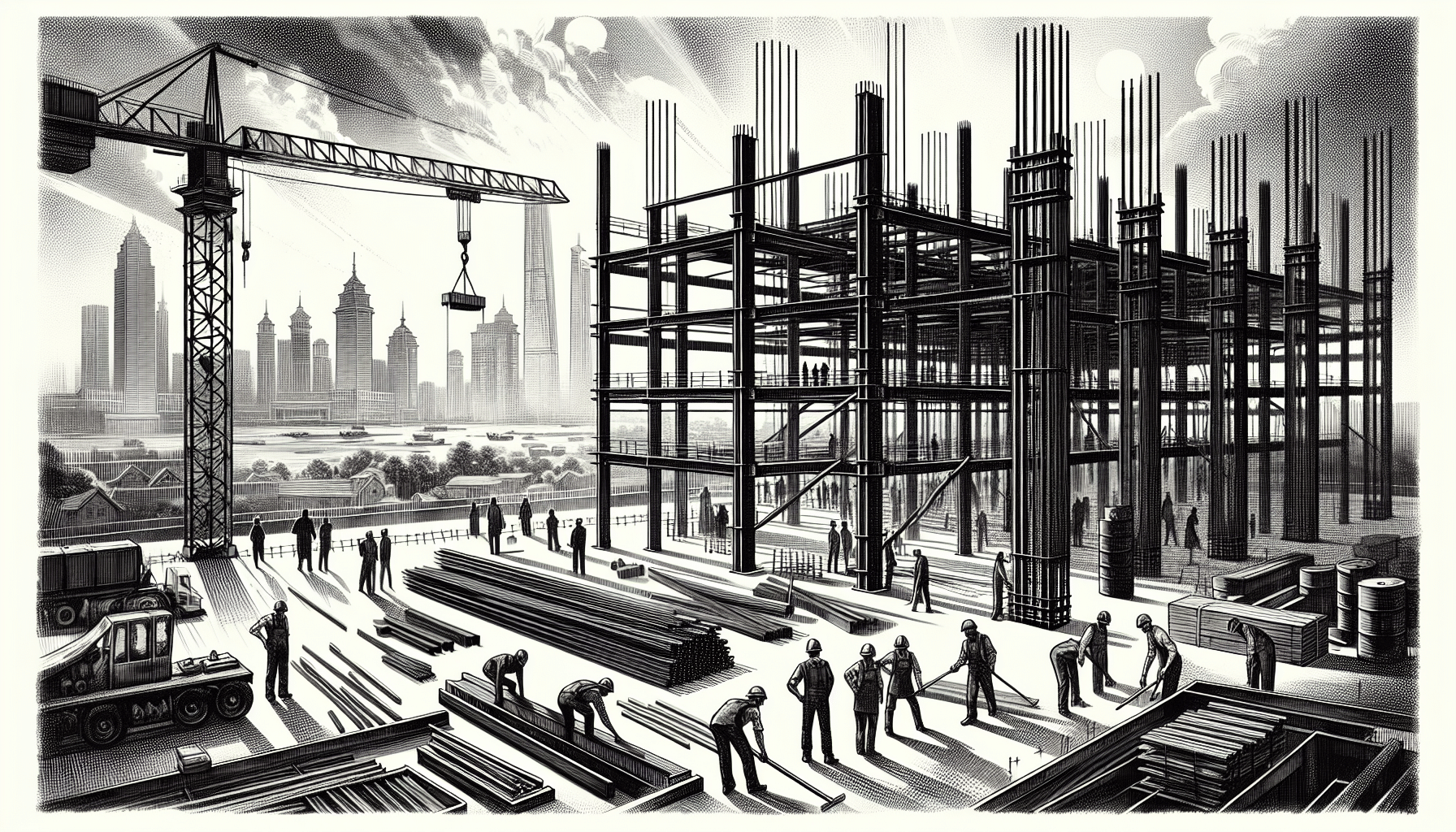 Steel construction site with workers and cranes in British Columbia