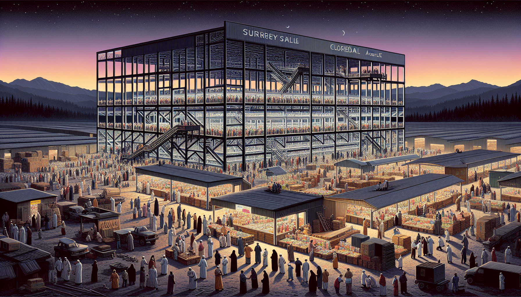 Futuristic steel construction with bustling market at twilight.