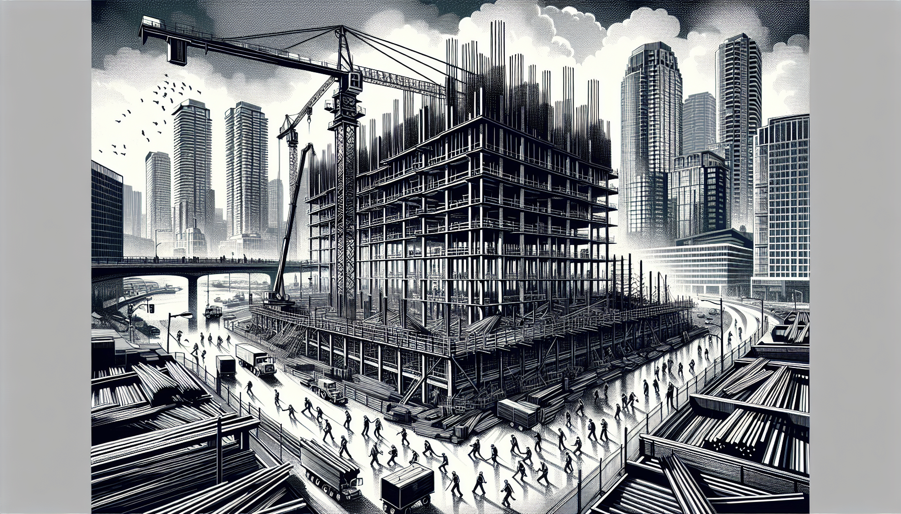 Steel construction site with cranes and skyscrapers in an urban skyline