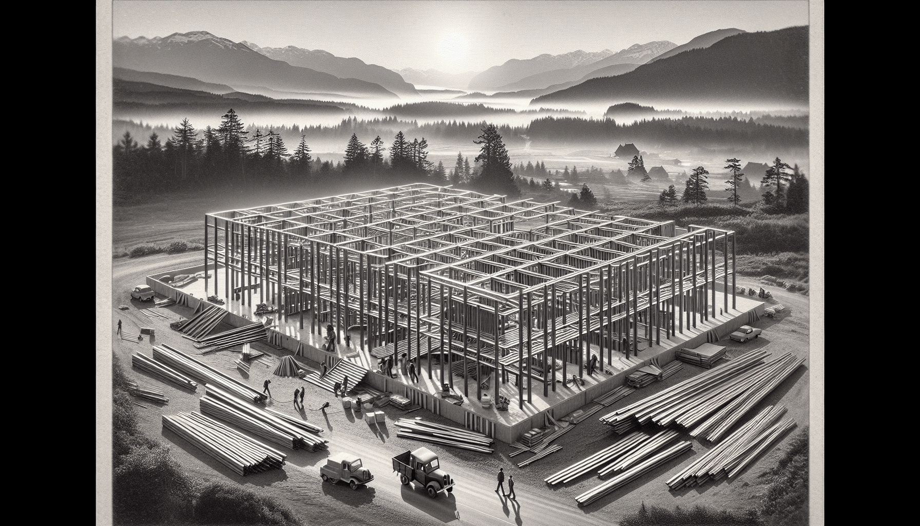 Steel construction framework at Kitselas Centre with forested mountains in the background.