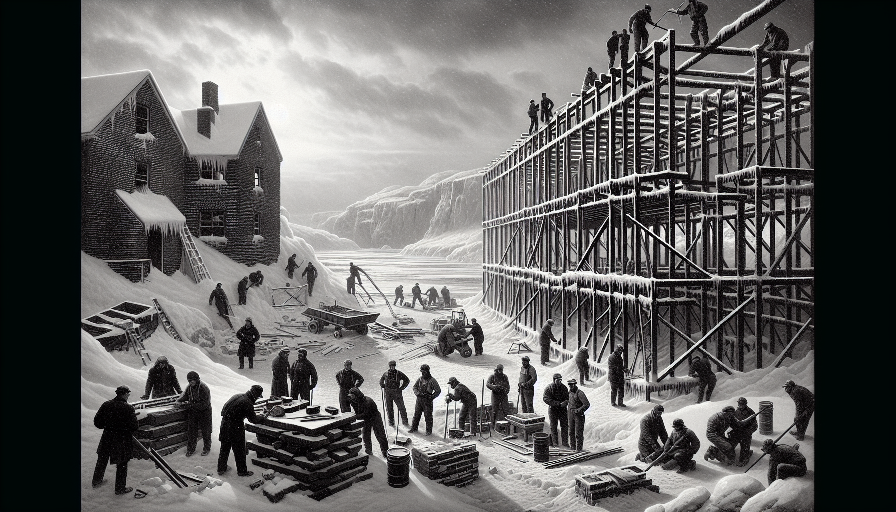 Steel construction in a snowy landscape with workers building a structure.