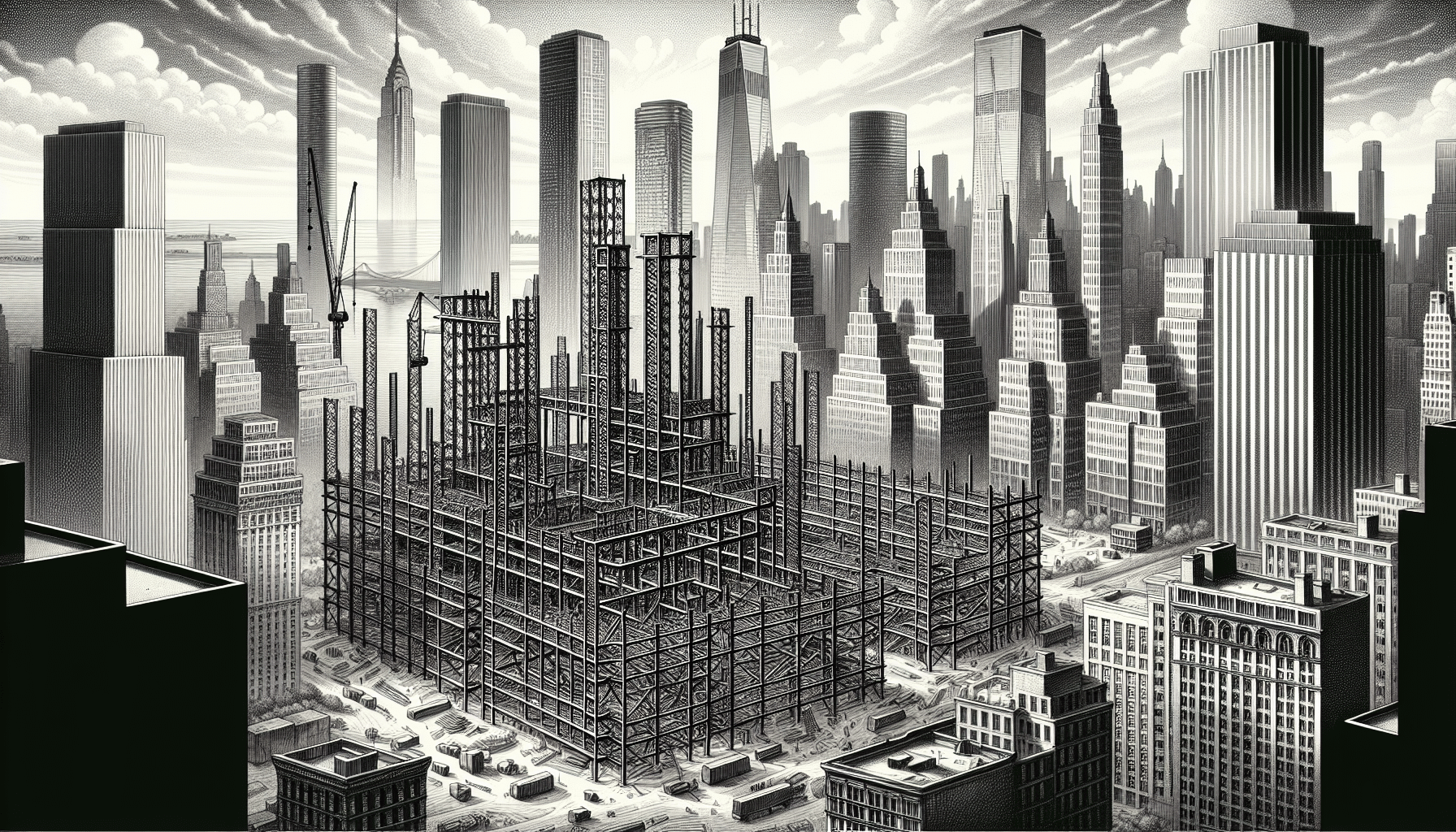 Steel construction site with skyline backdrop.