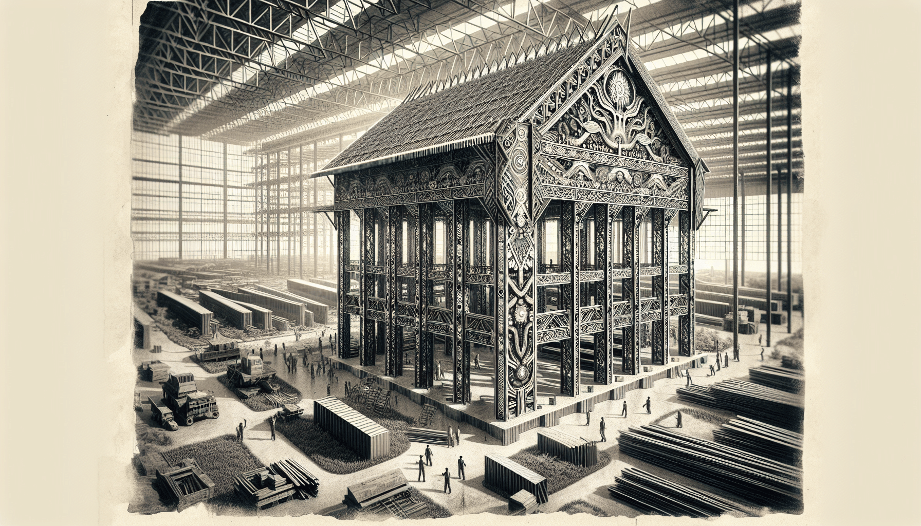 Intricate steel cultural warehouse interior with detailed carvings