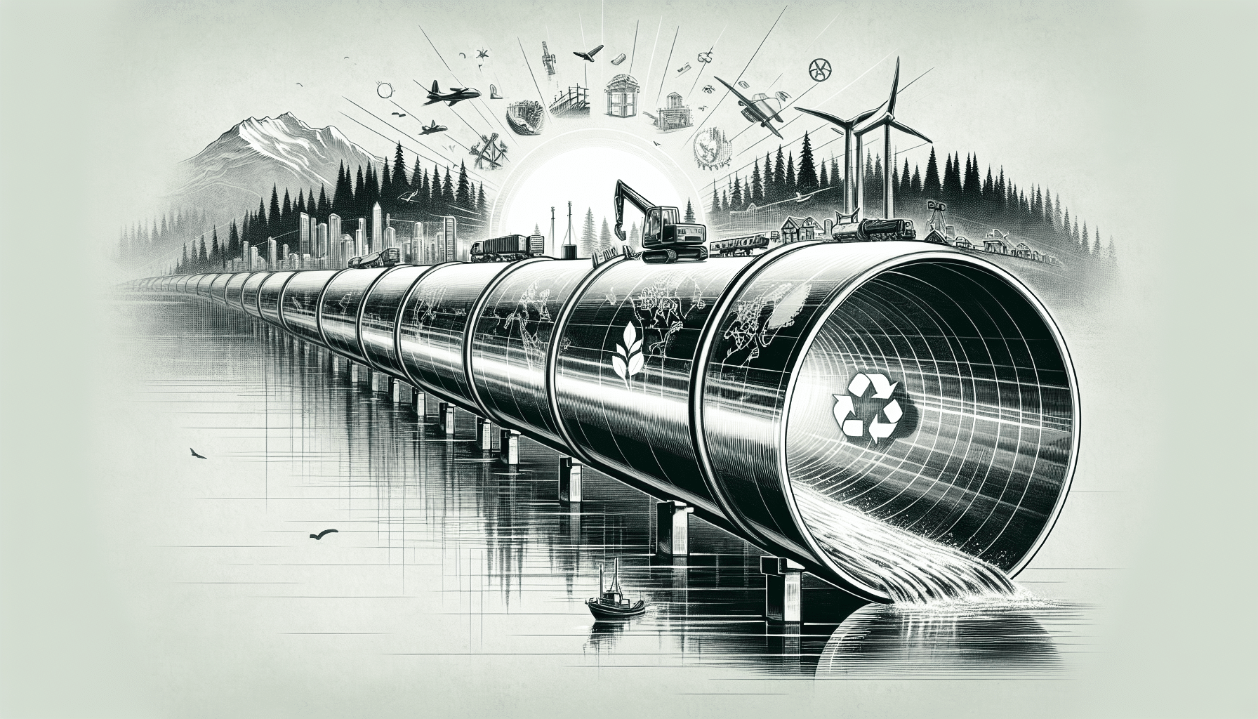 Steel pipeline symbolizing sustainable growth with recycling and nature elements.