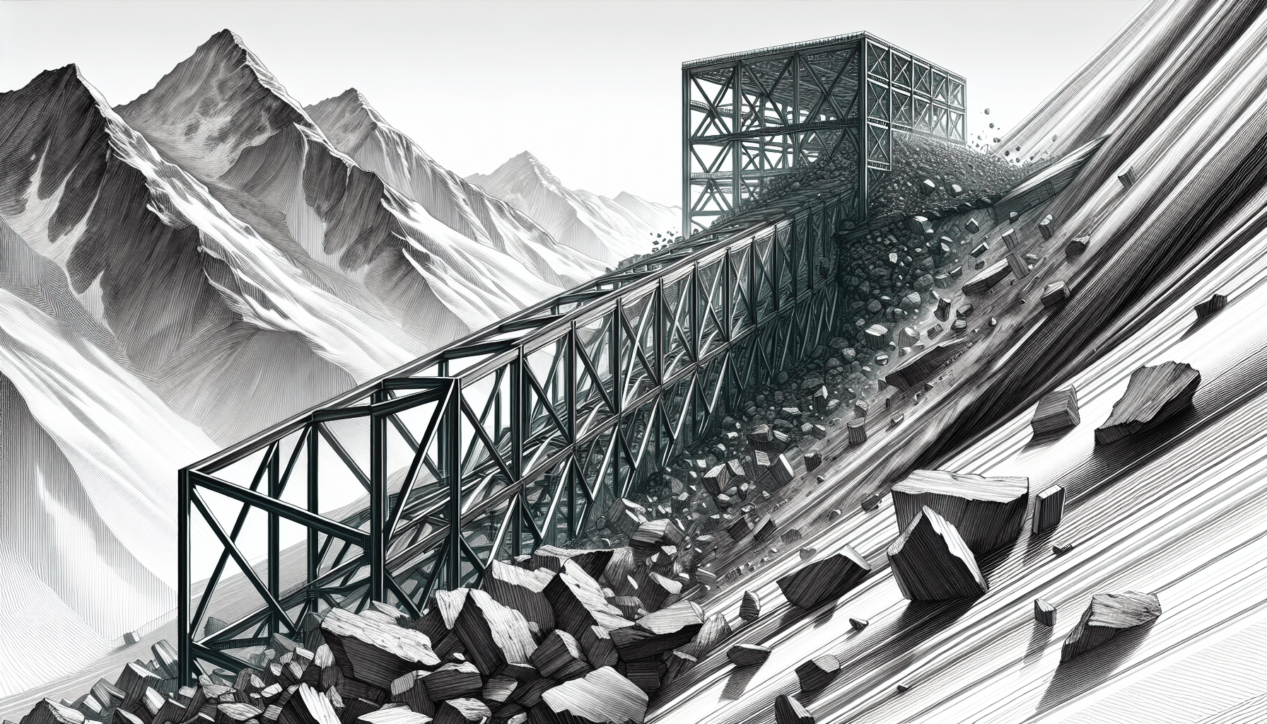 Steel structure withstanding a rockslide in a mountainous area.