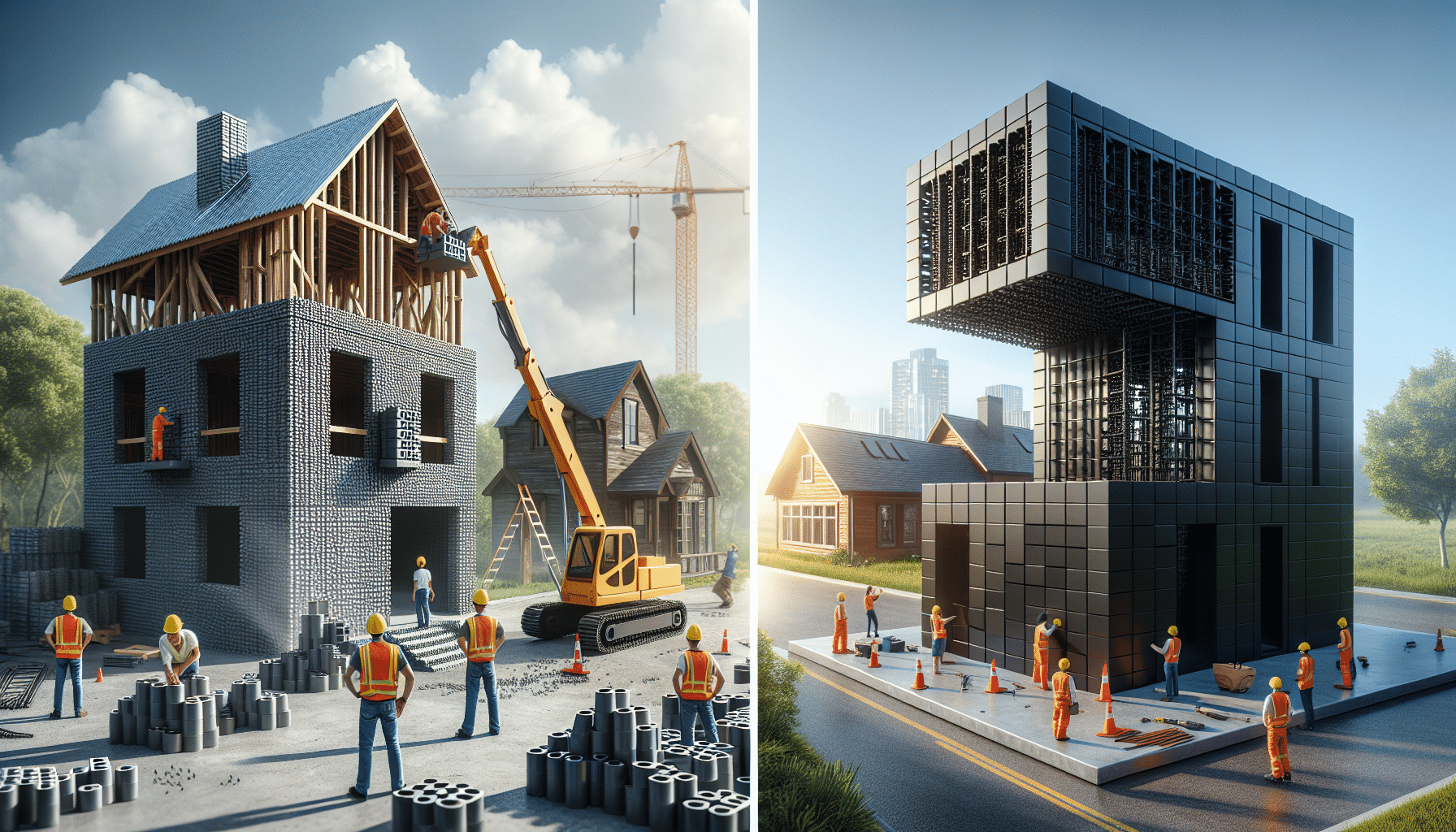 Modern steel buildings under construction in Canada with workers on site.