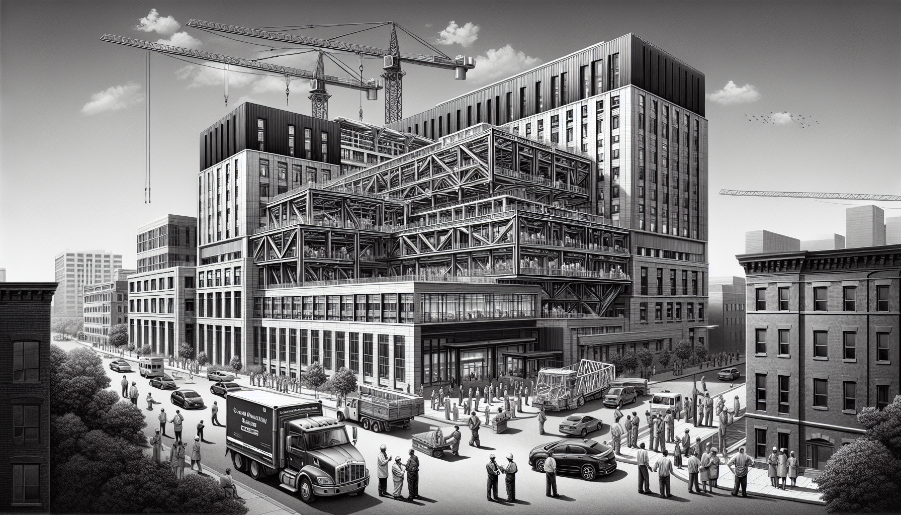 Steel Healthcare Centre Construction in Canada Modern steel hospital under construction with cranes in urban Canada.