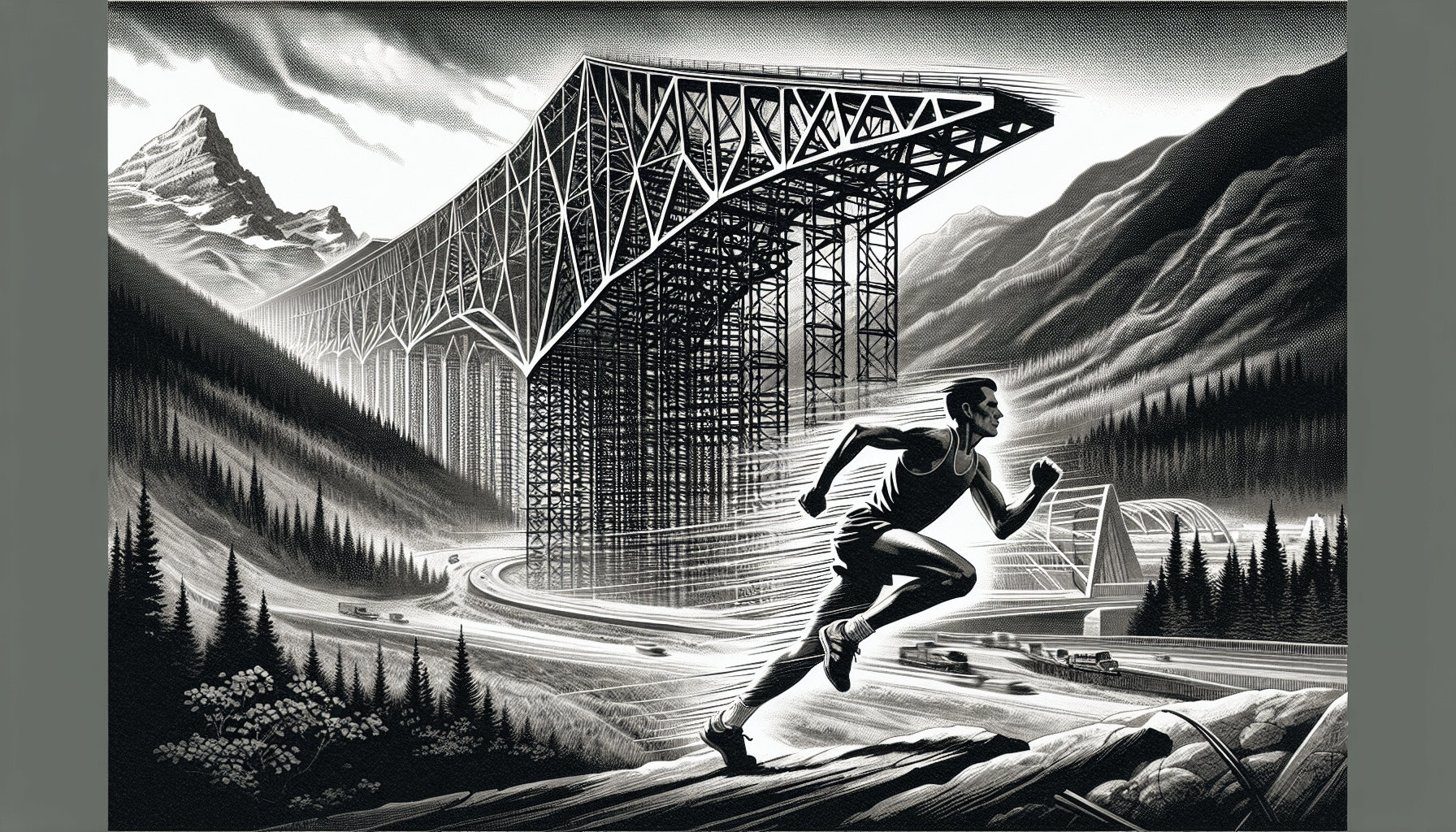Runner passing under a massive steel structure in a mountainous landscape