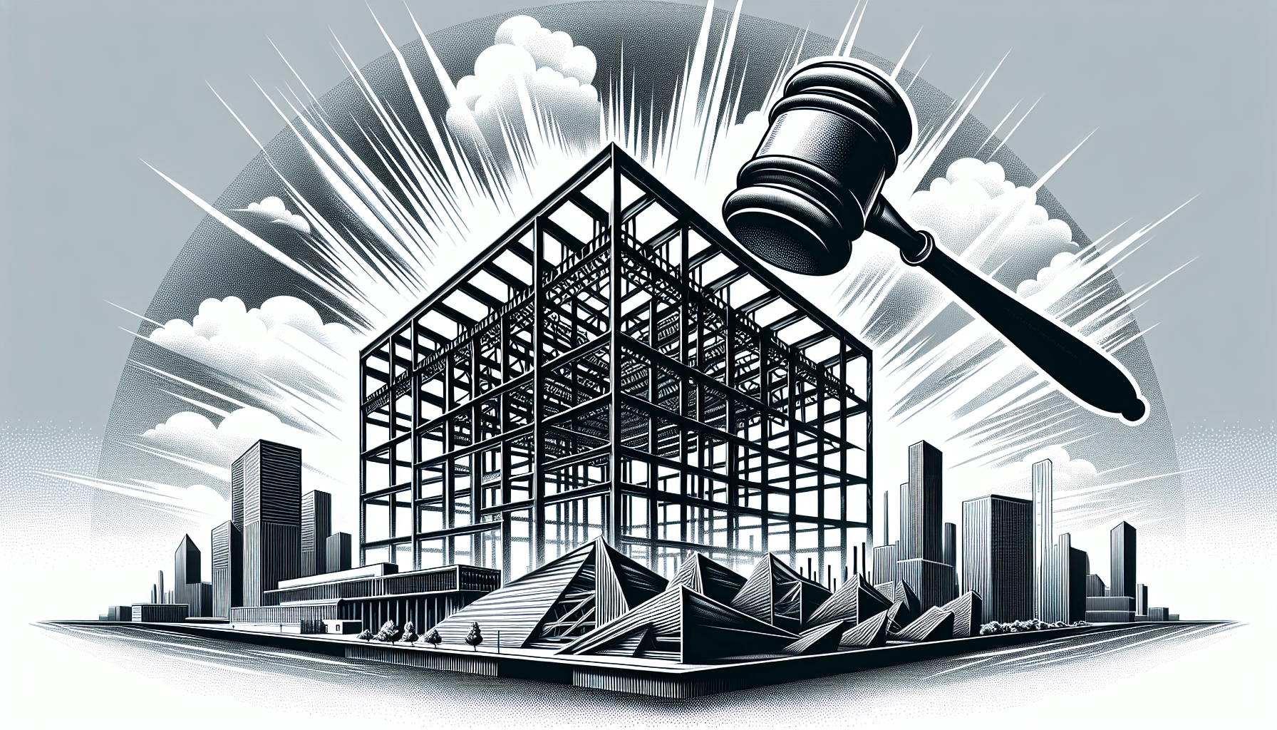 Steel structure with a judge gavel highlighting legal impact on construction.