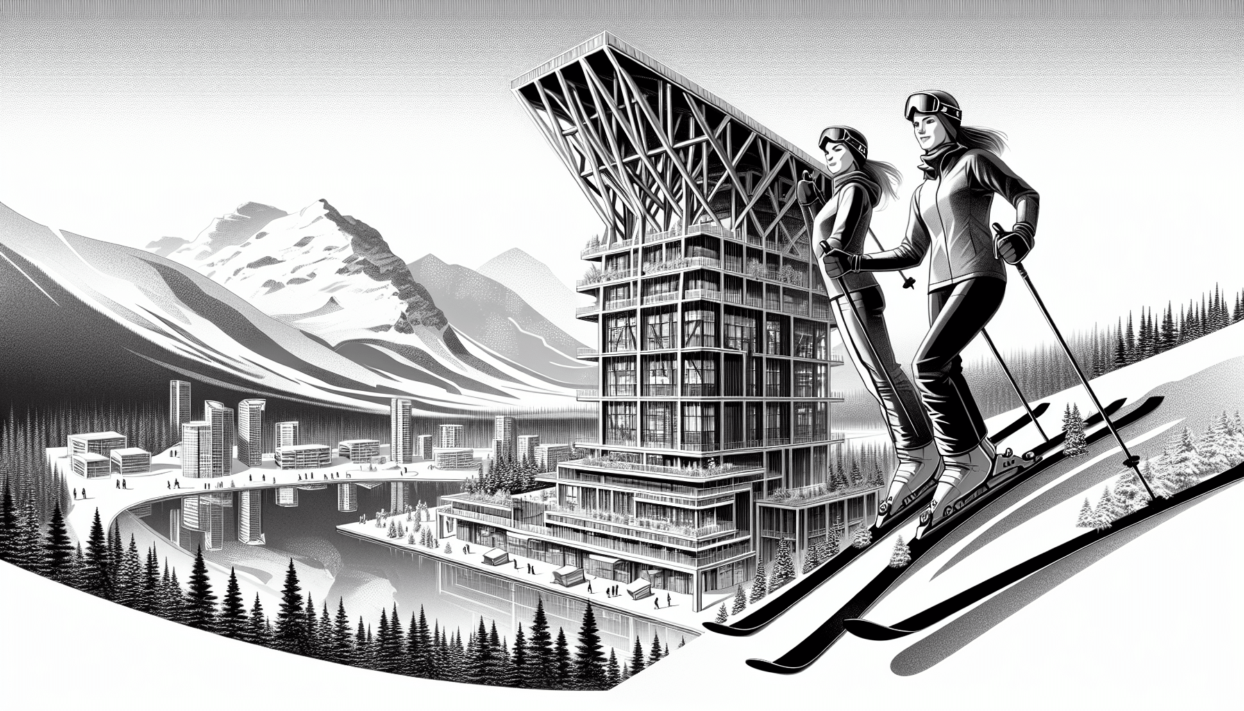 Steel building with skiers in a Canadian mountain landscape