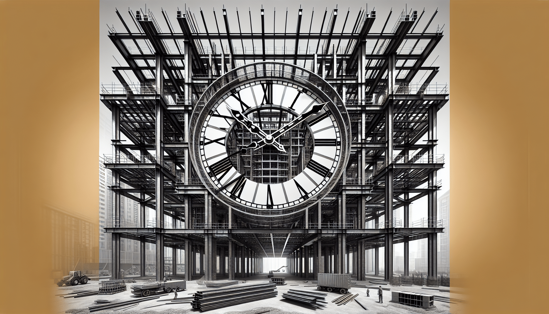 Steel Framework With Clock Face Construction British Columbia Steel framework with a giant clock face under construction in British Columbia.