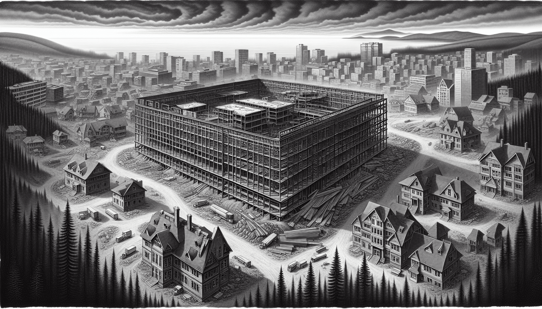 Steel construction site at Thompson Rivers with cityscape background