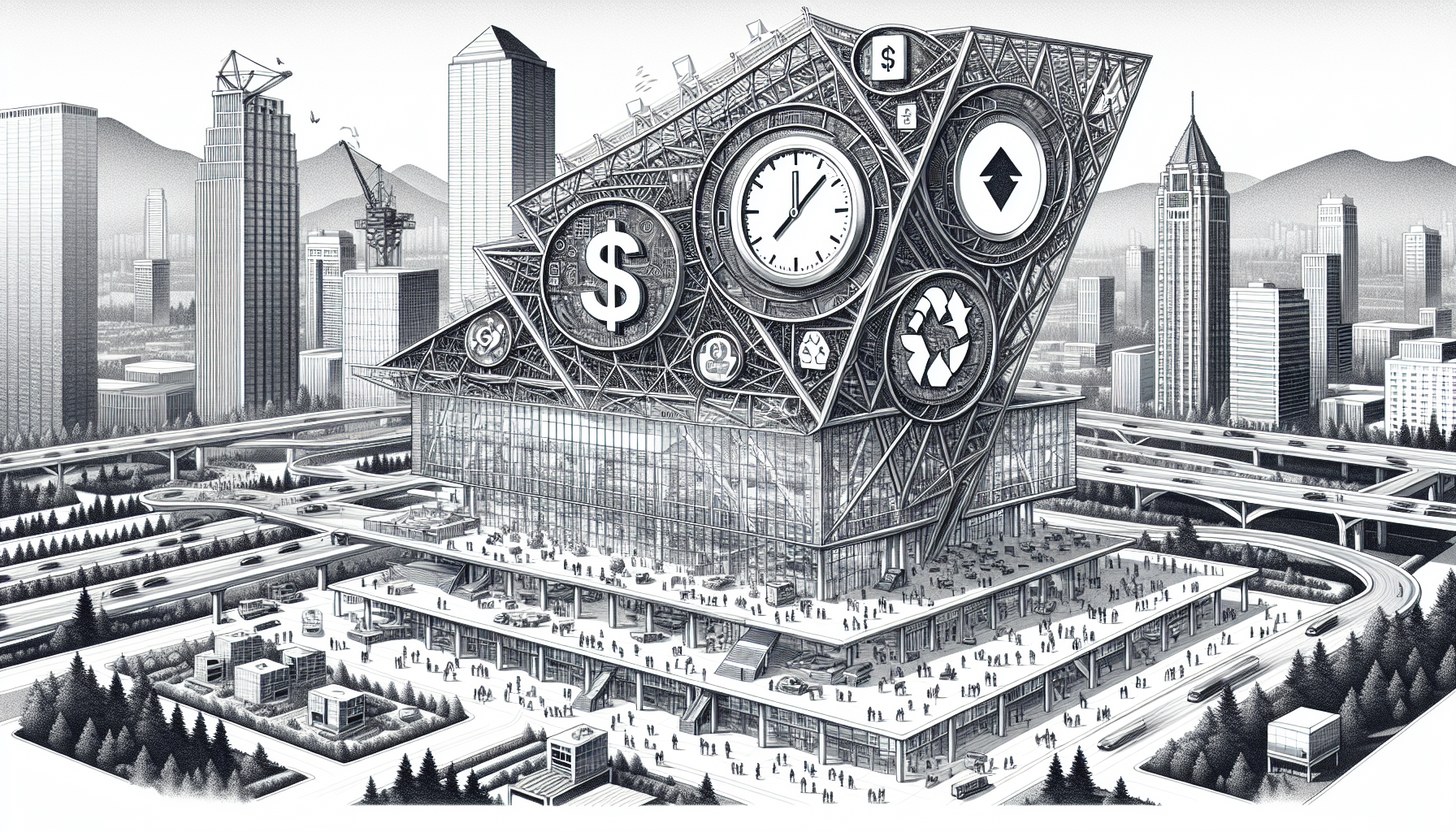 Futuristic steel library design with urban skyline