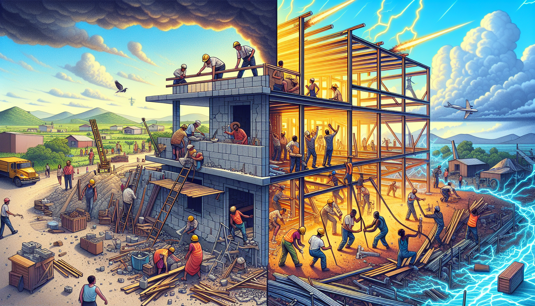 Steel Vs Traditional Construction Contrast Illustration comparing traditional and steel construction methods.