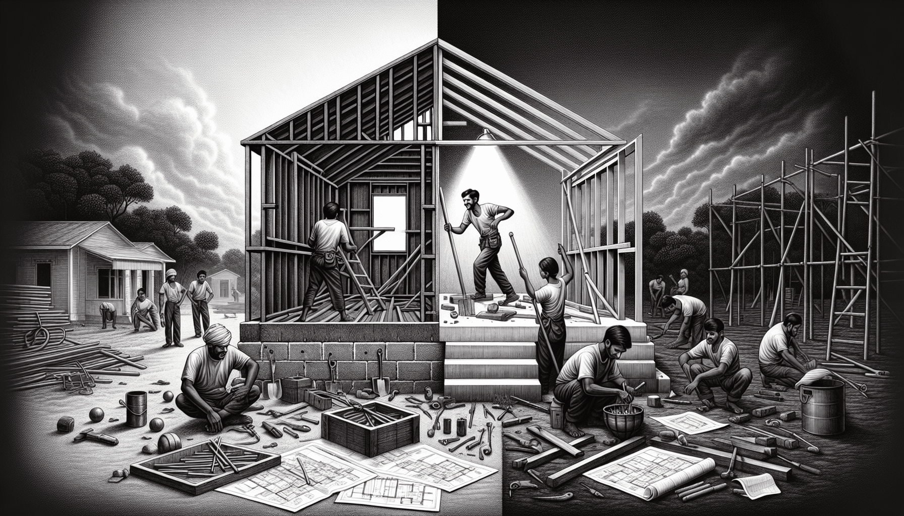 Illustration comparing steel and wood construction methods for housing