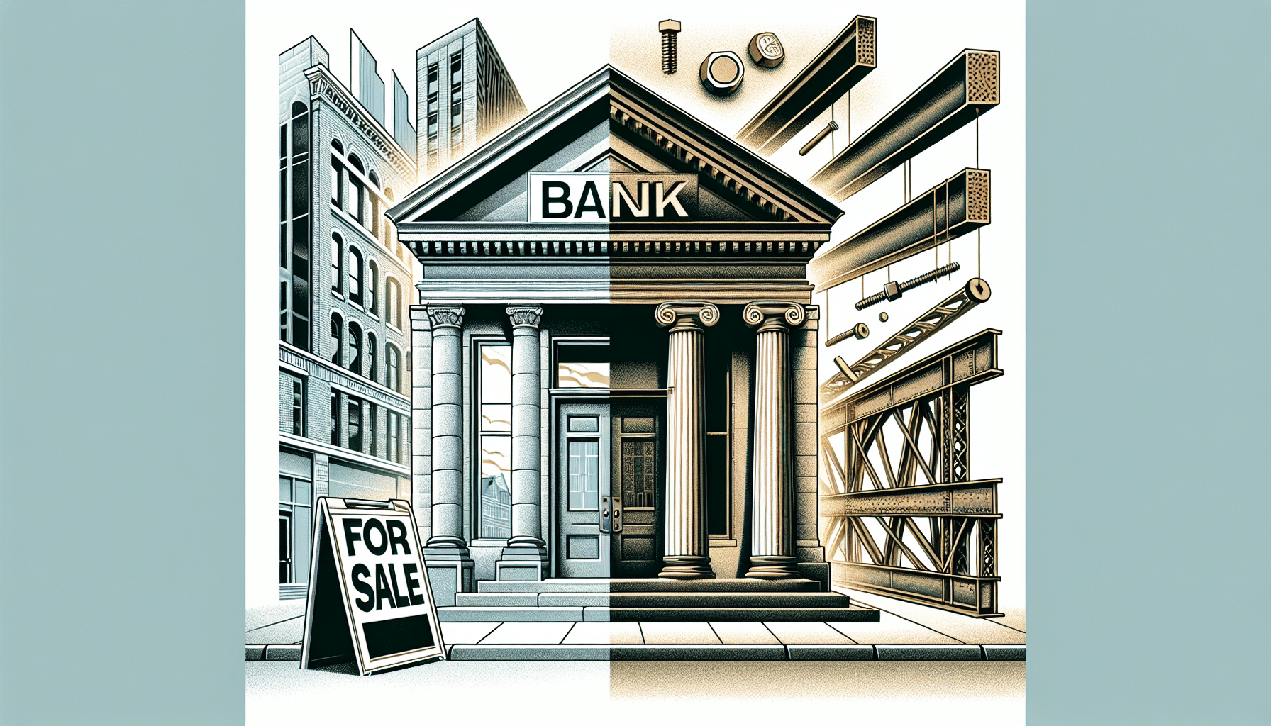 Illustration showing a bank building transitioning into steel beams.