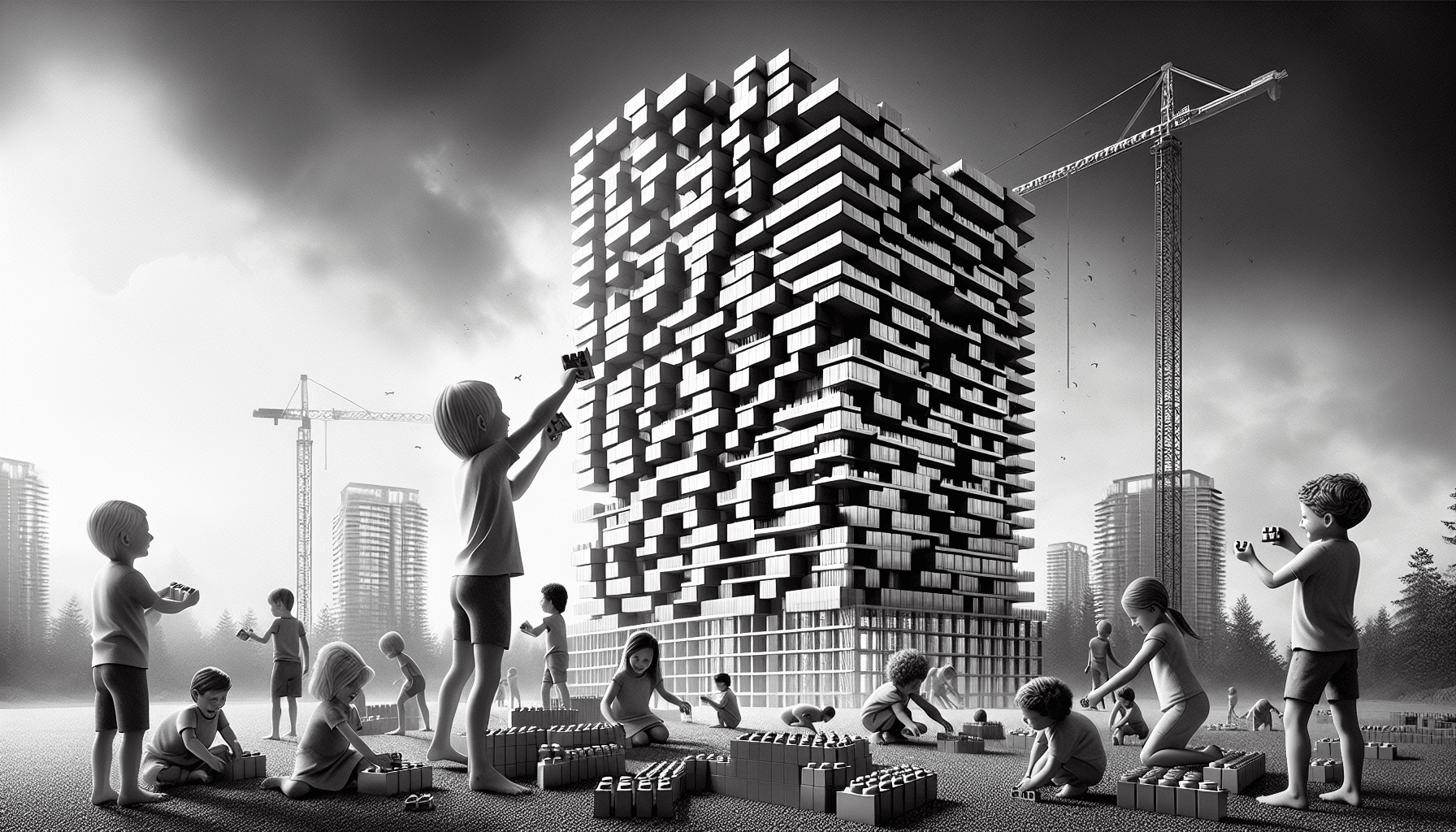 Children building a tower with blocks in front of a steel skyscraper under construction.