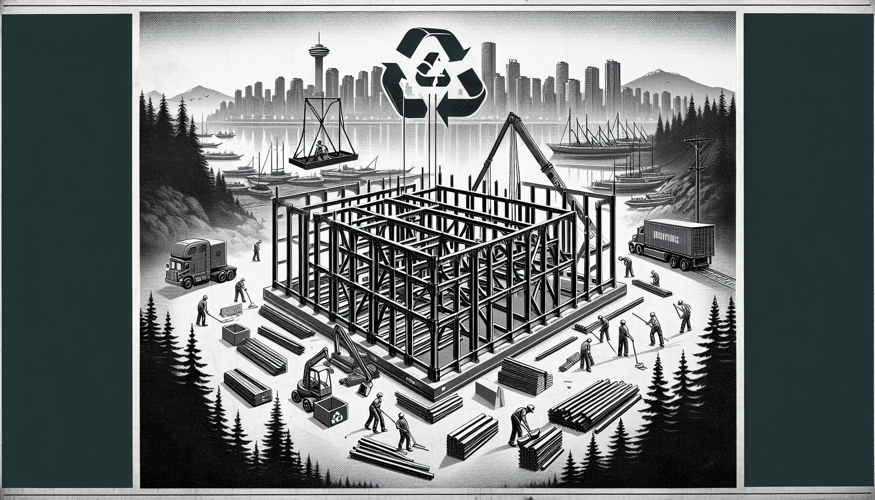 Steel construction site in Vancouver with recycling symbol above.