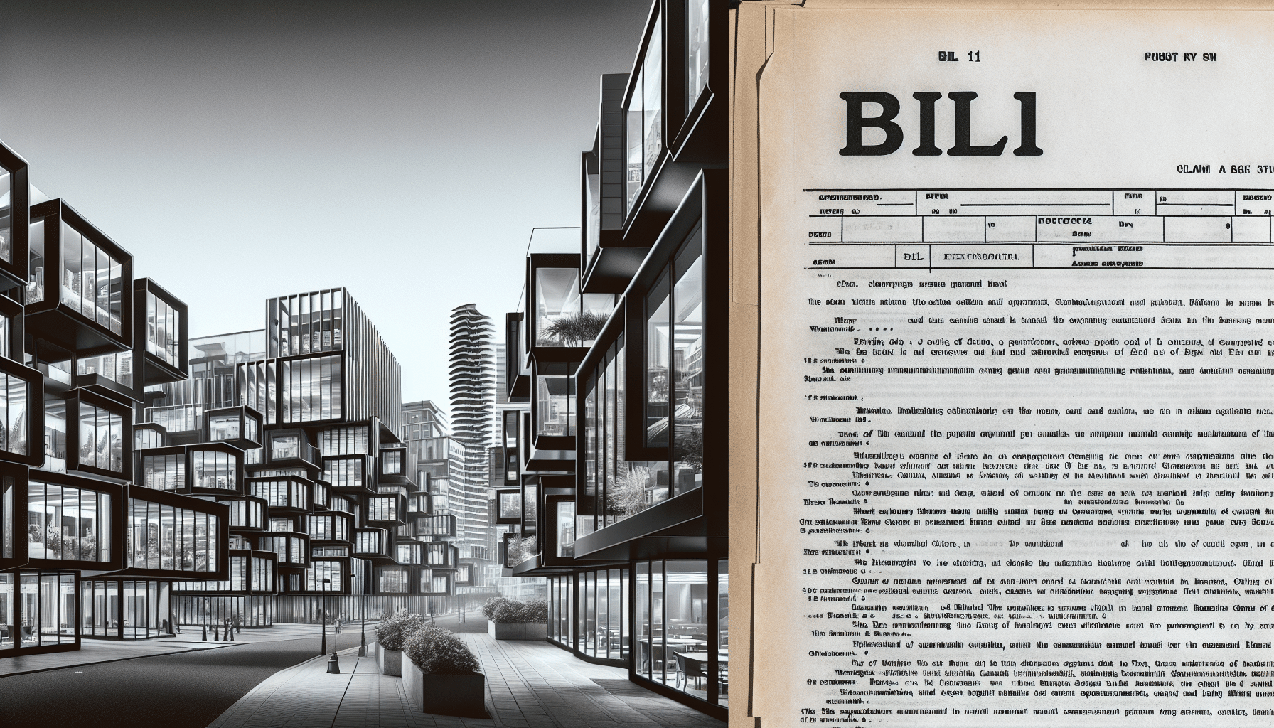 Modern steel construction with legal document overlay