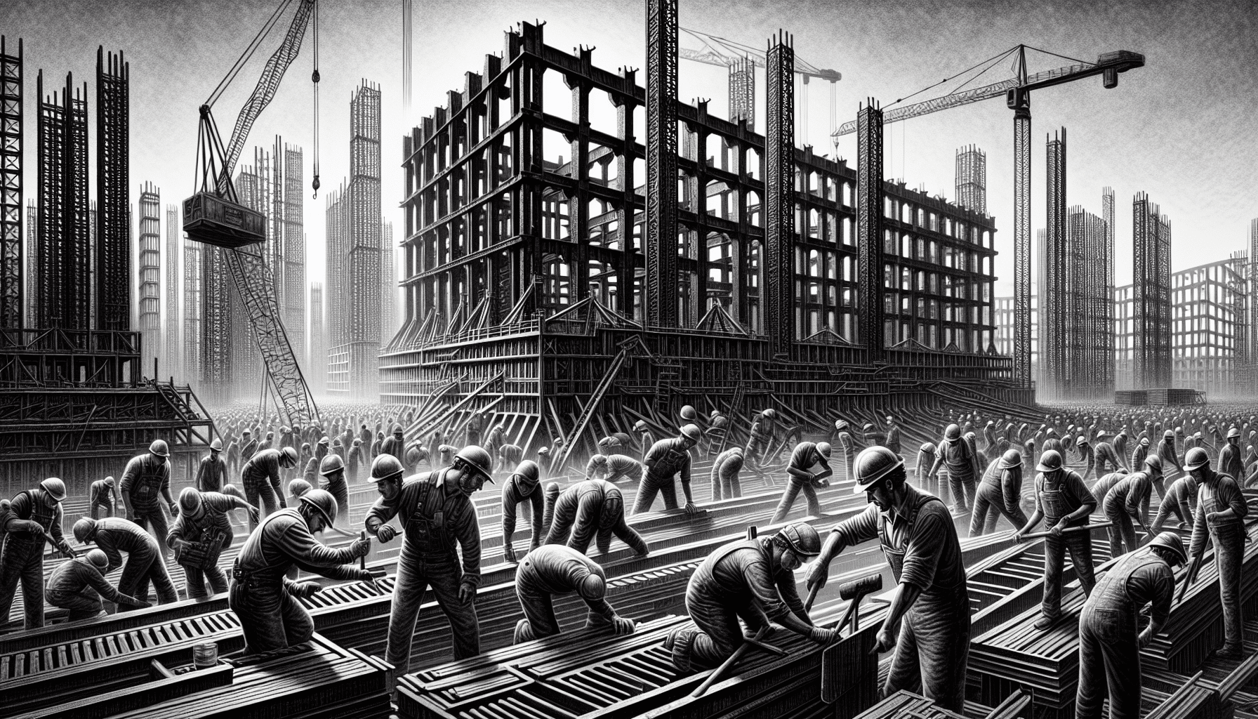 Workers constructing a large steel building in a bustling Canadian city.