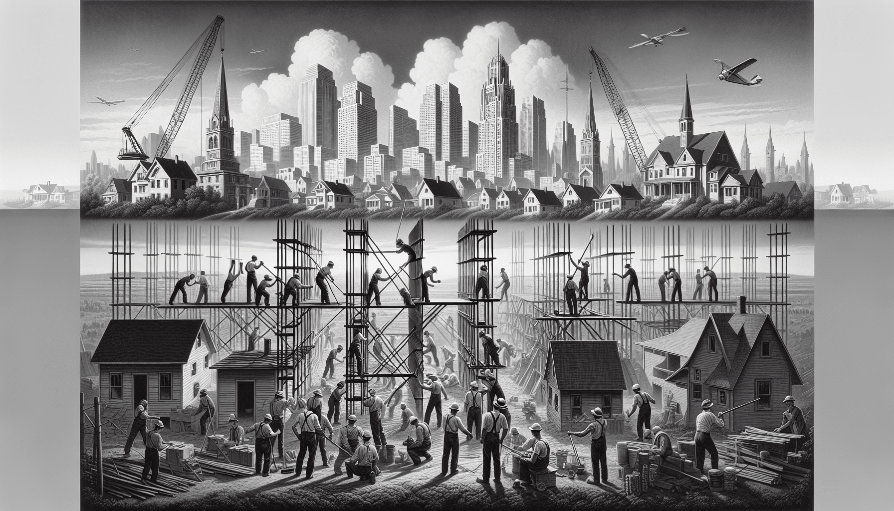 Panoramic view of steel construction workers building a city skyline.