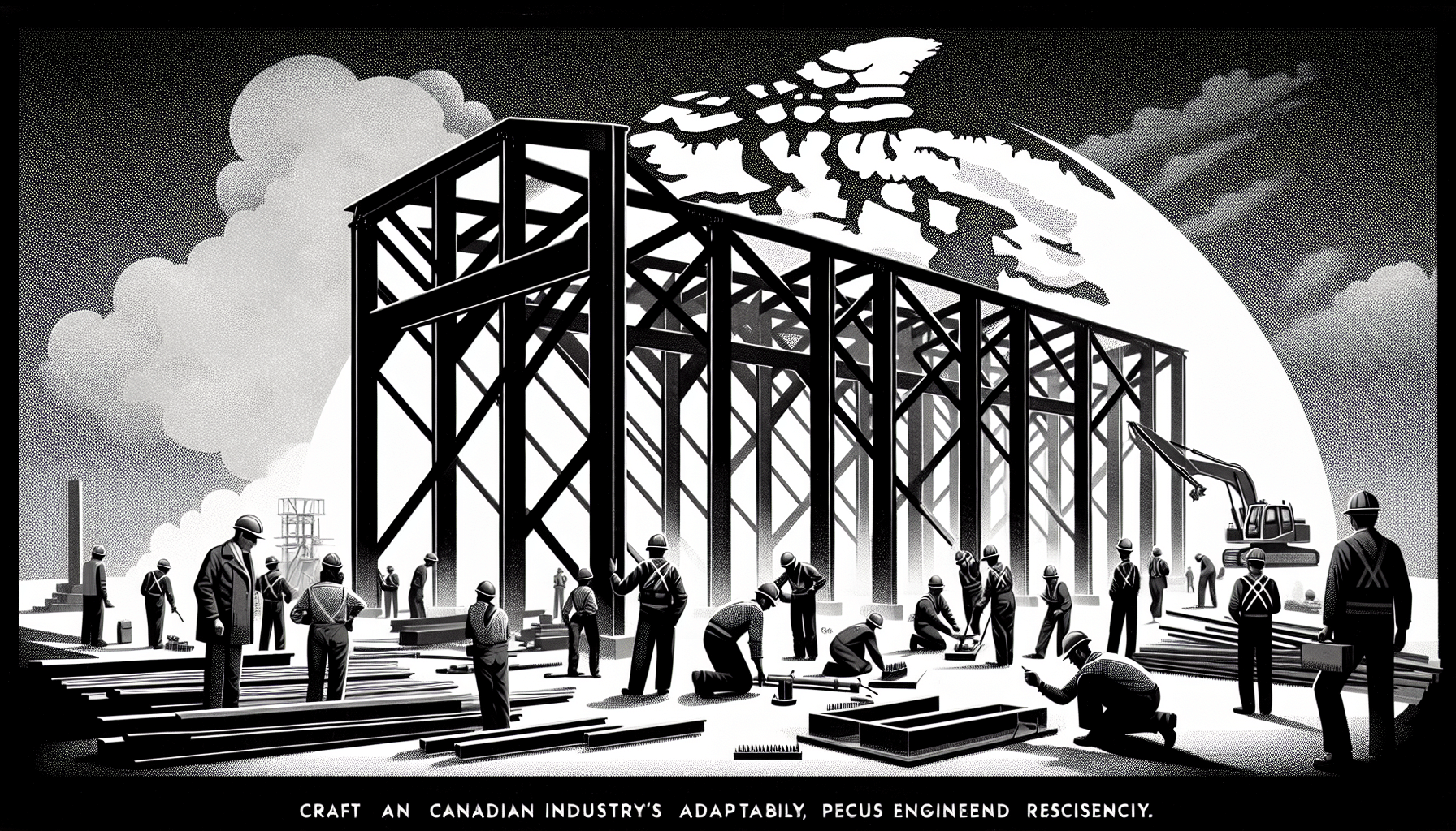 Canadian steel construction site with workers assembling a large structure