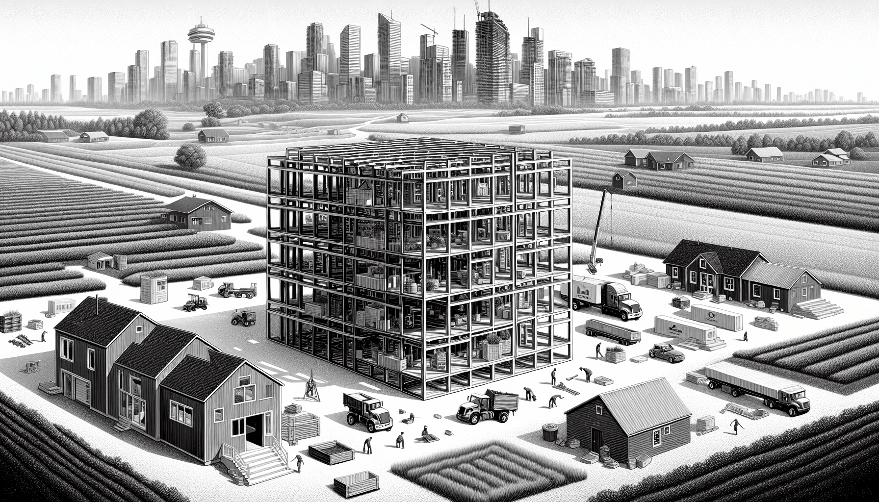 Steel building construction in Canadian landscape with city skyline