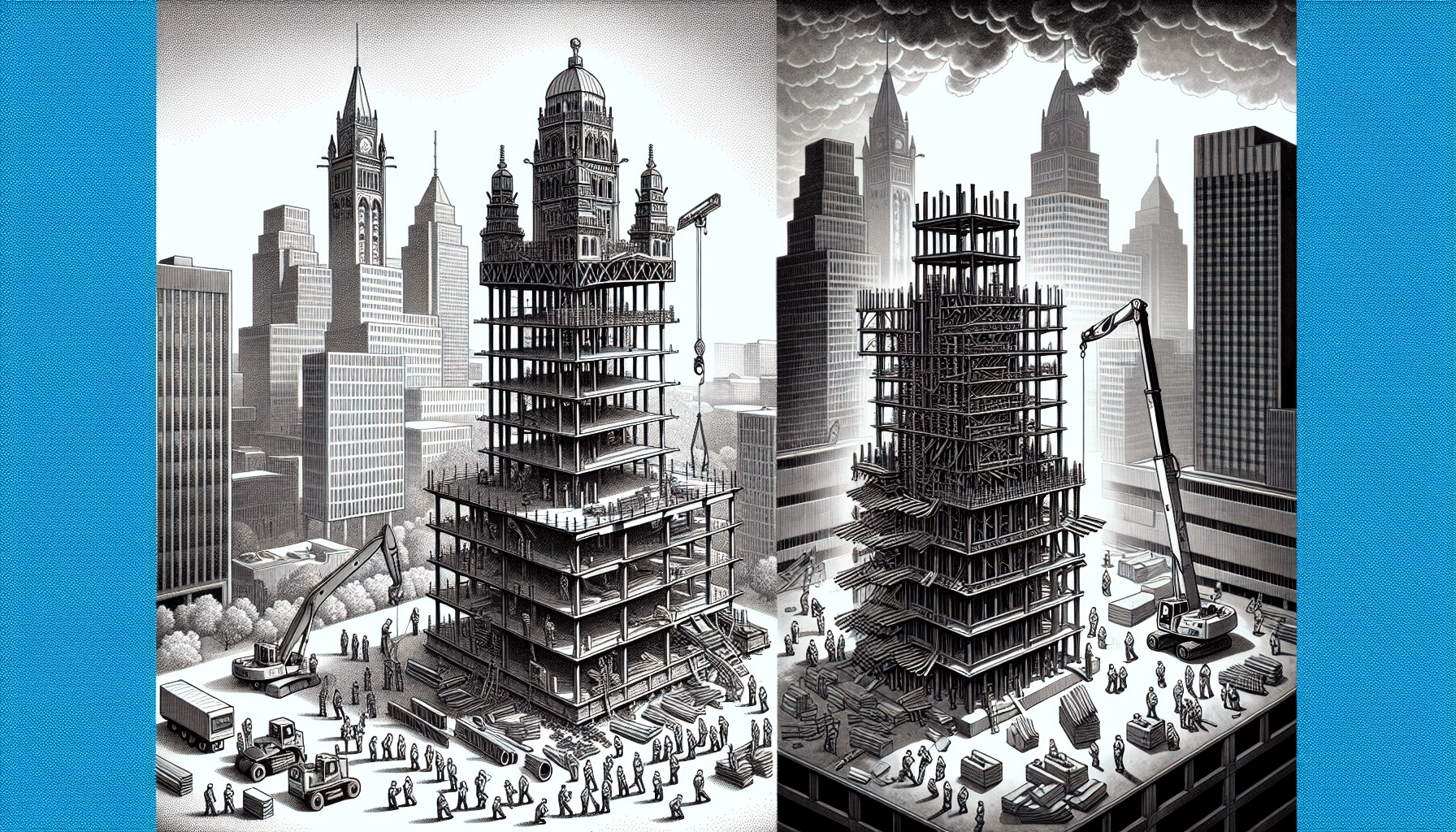 Illustration of steel construction process in a Canadian cityscape.