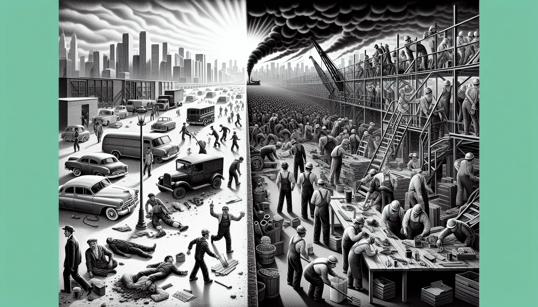 Illustration comparing modern and industrial-era construction scenes.