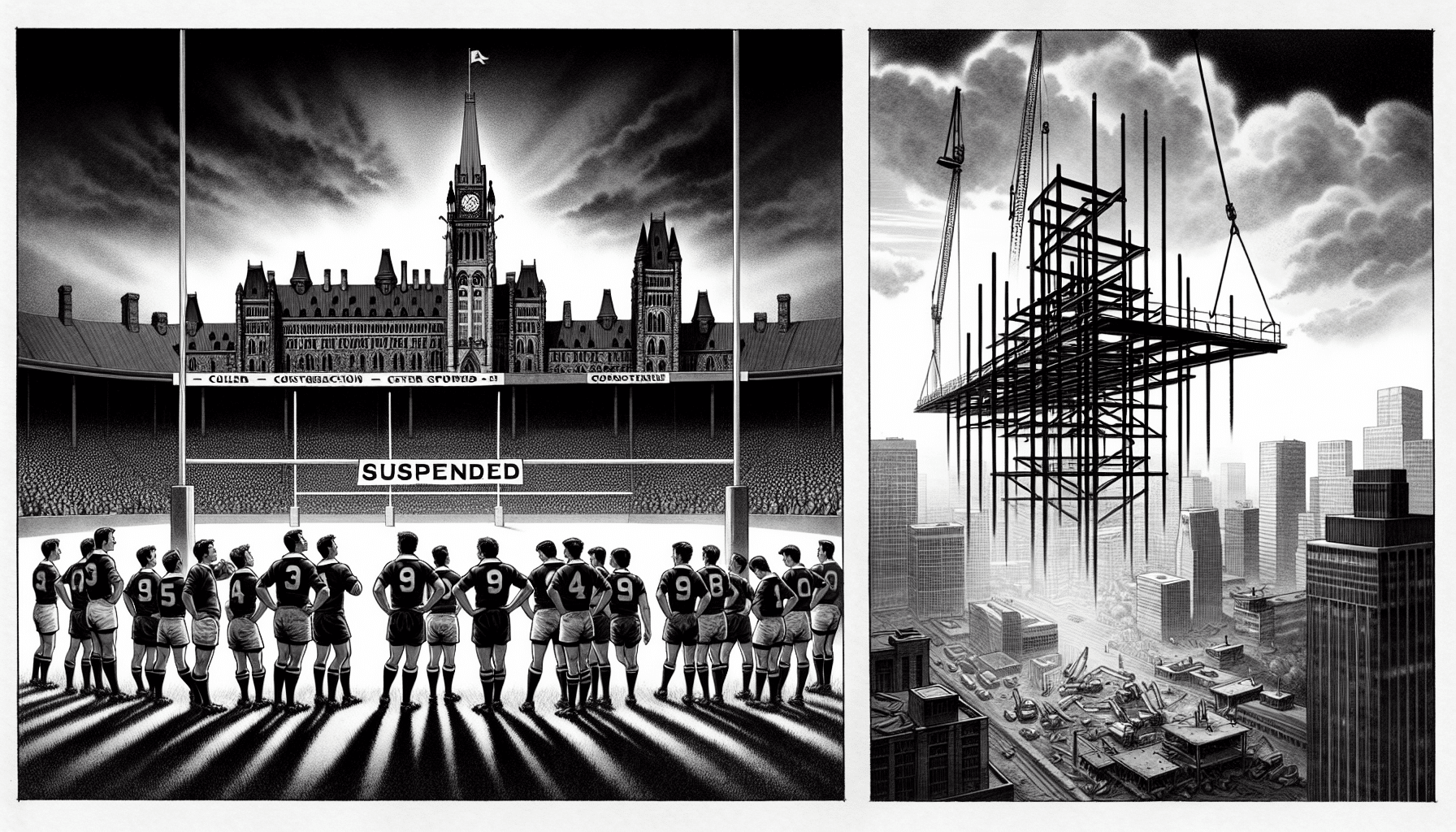 Contrasting scenes of paused sports and progressing steel construction