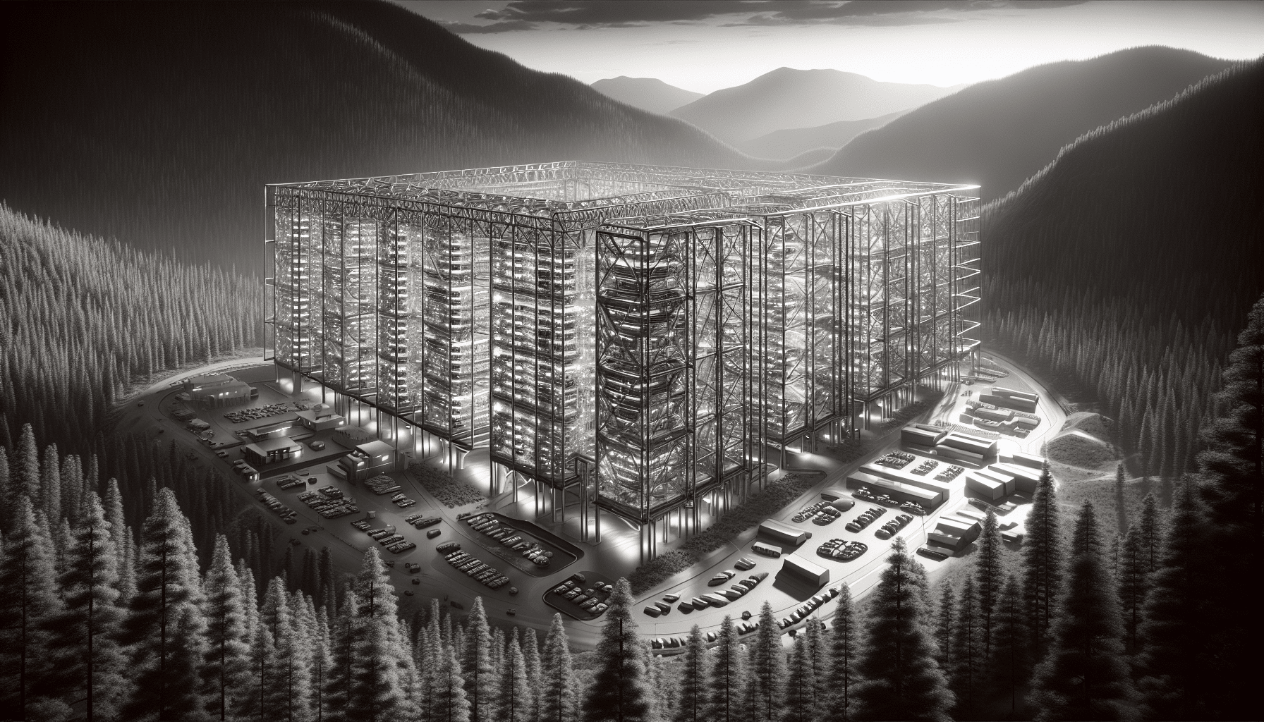 Futuristic steel data centre with AI capabilities in a forested area