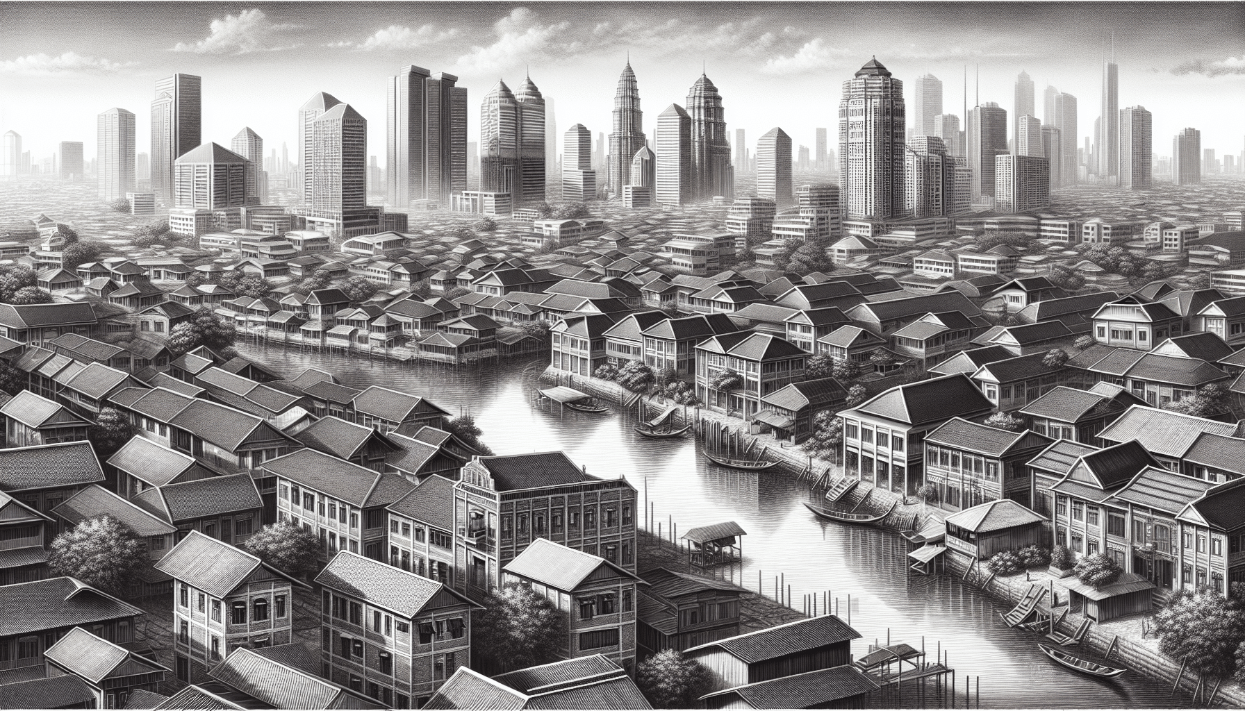 Modern skyline with steel buildings and traditional homes along a canal.