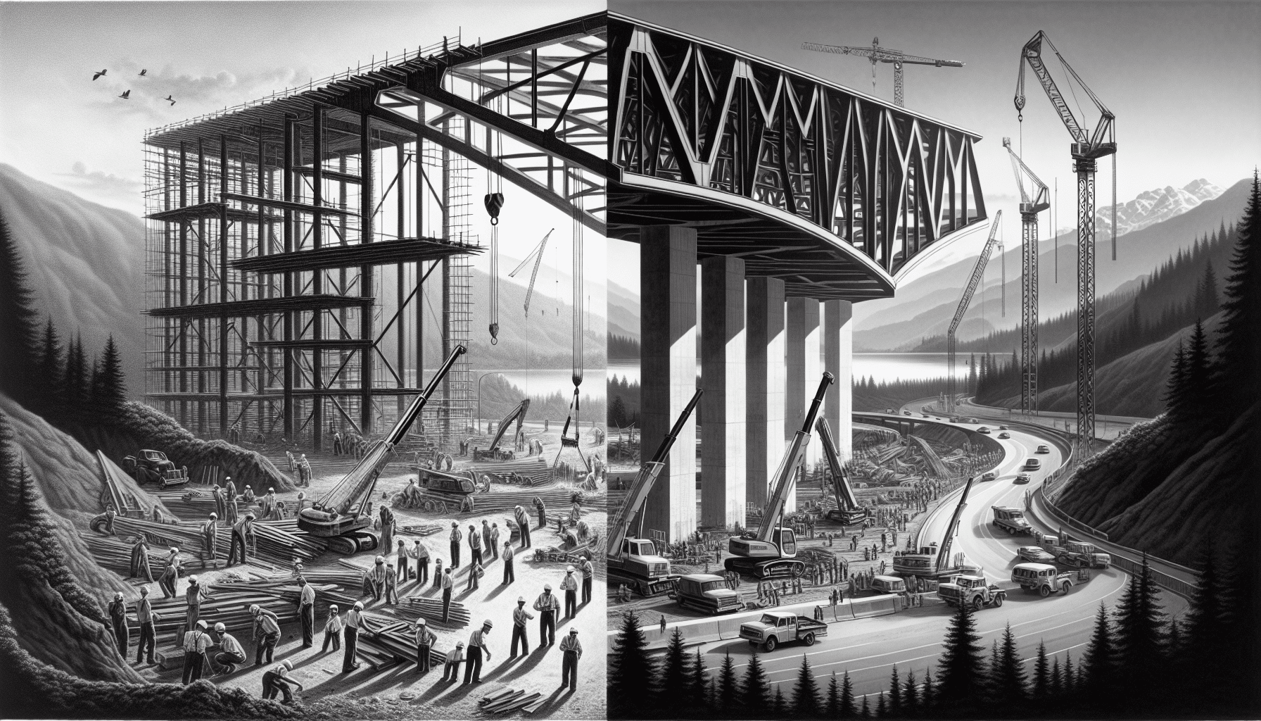 Steel bridge construction on Highway 11 with cranes and workers in Canada.