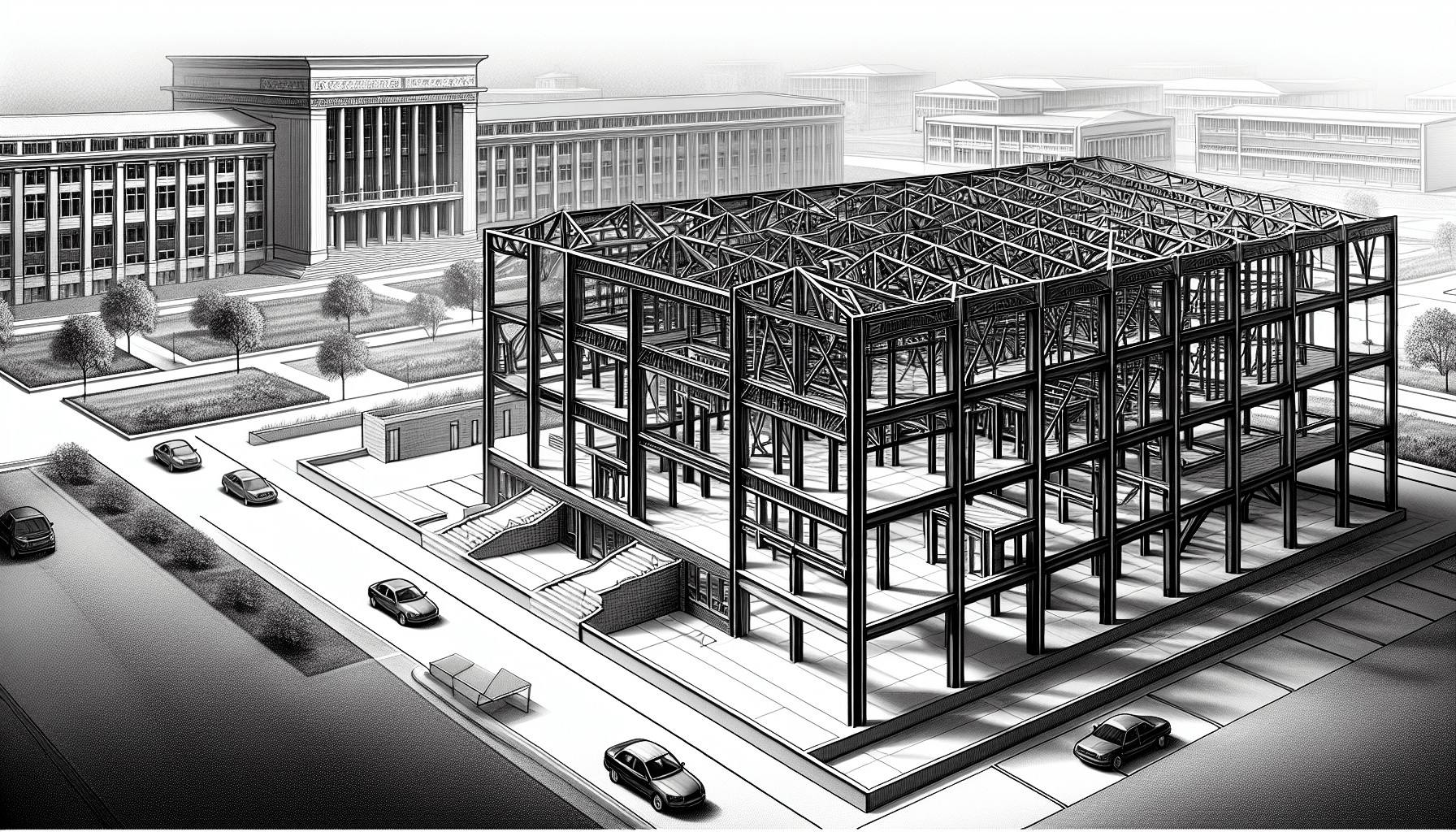 Steel frame construction at university campus