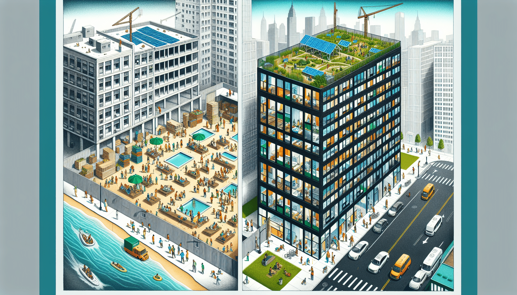 Steel buildings in Kelowna showing urban transformation with pools and green rooftops.