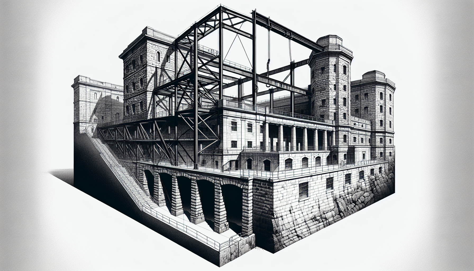 Steel framework reimagining Kingston Penitentiary's historic architecture.