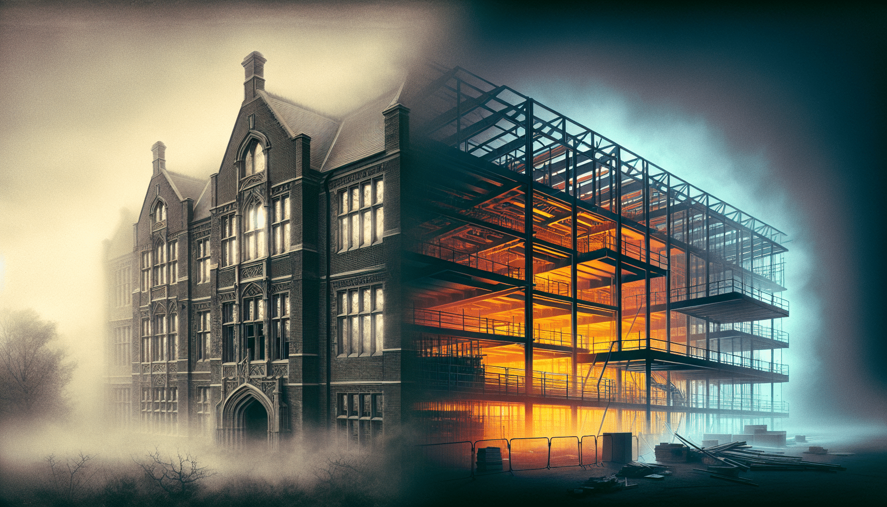 Transition from historic building to modern steel structure.