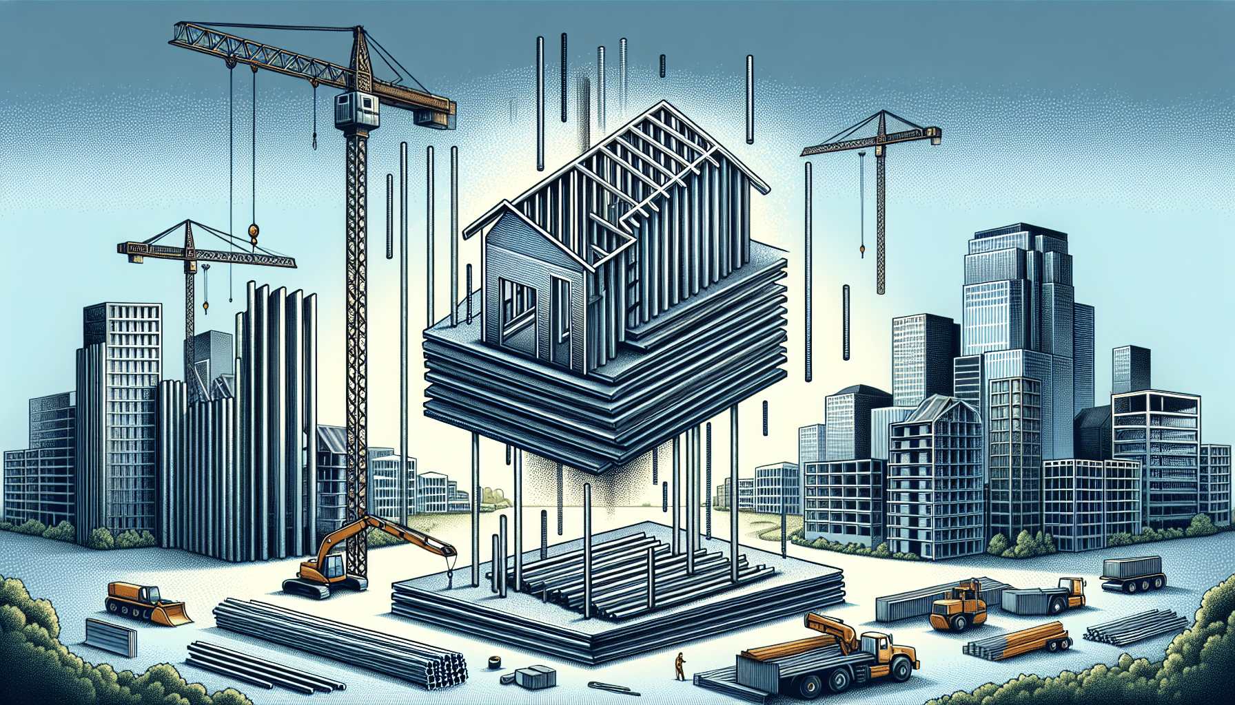 Illustration of Ontario steel housing construction with cranes and steel frames.
