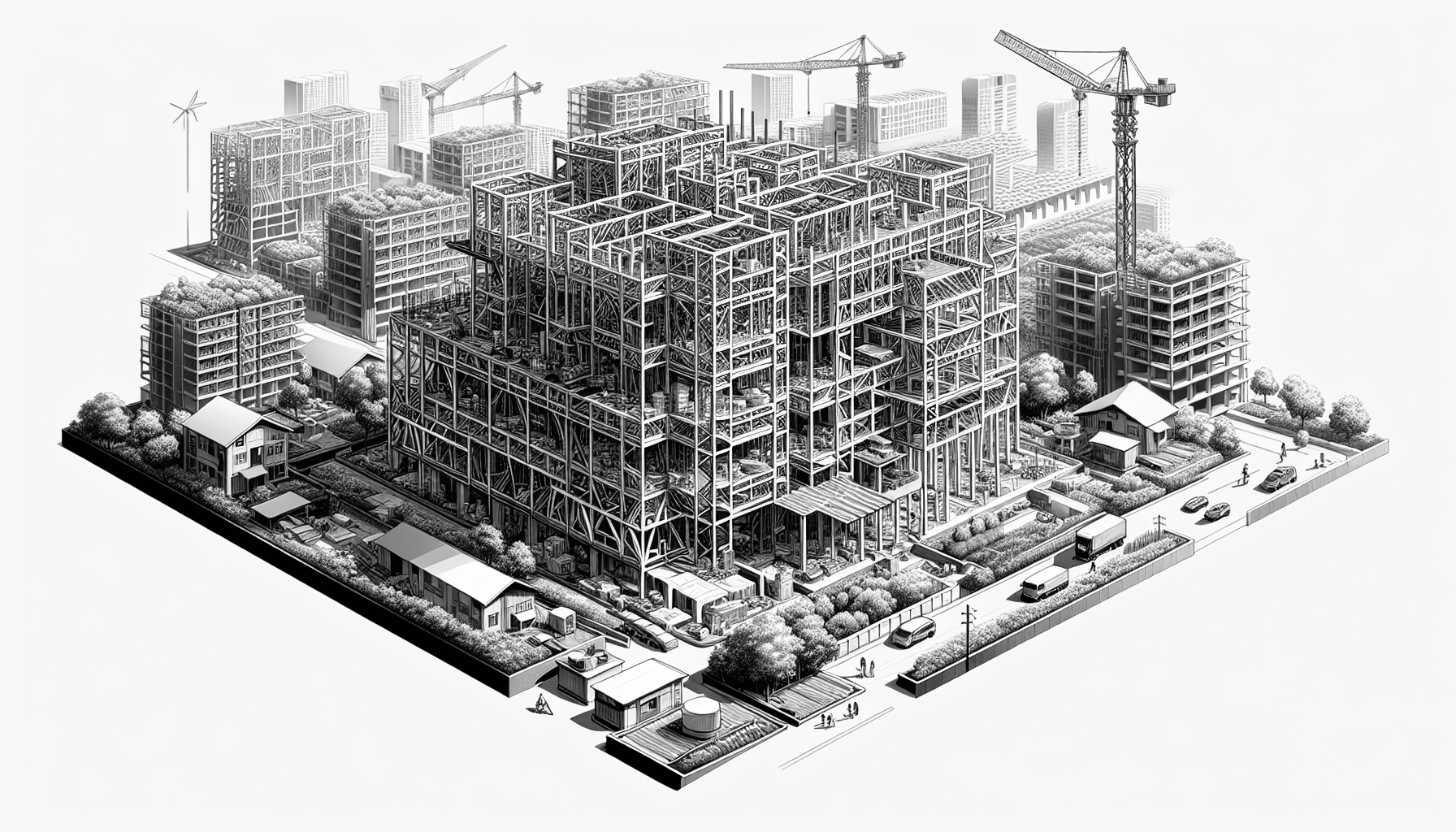 Futuristic steel construction site with cranes and greenery