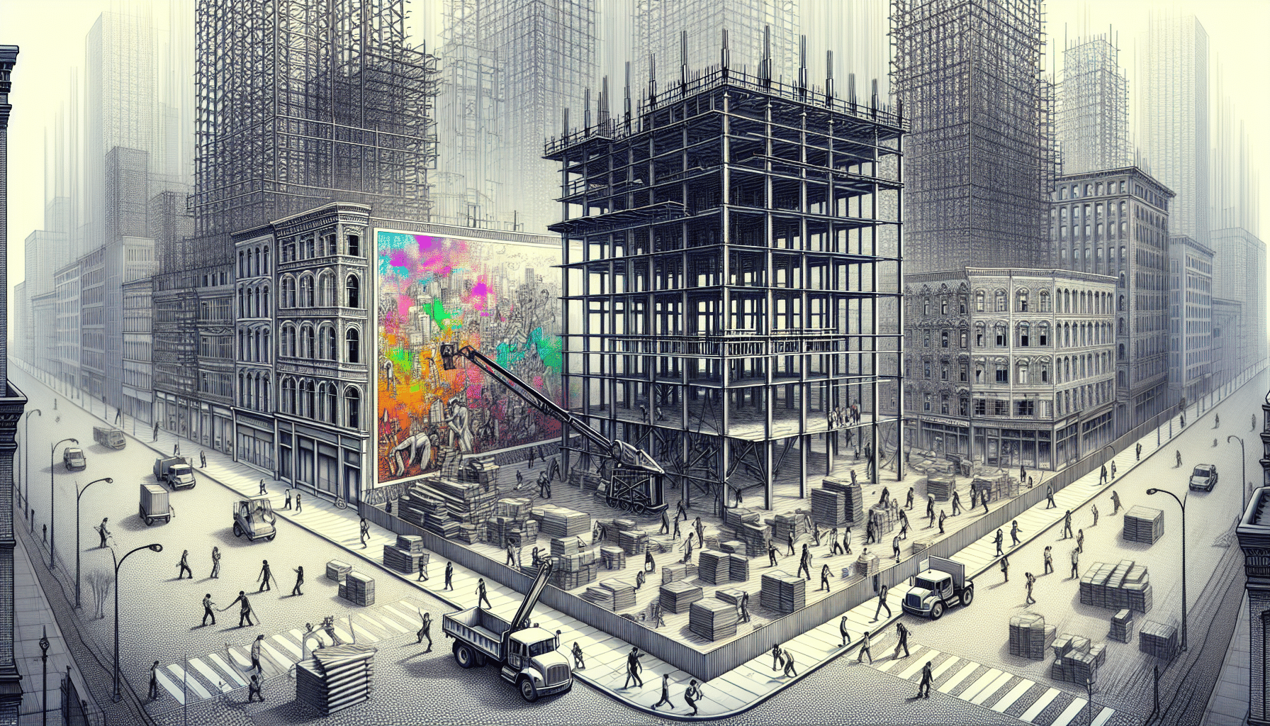 Urban steel construction site with colourful mural and building framework.
