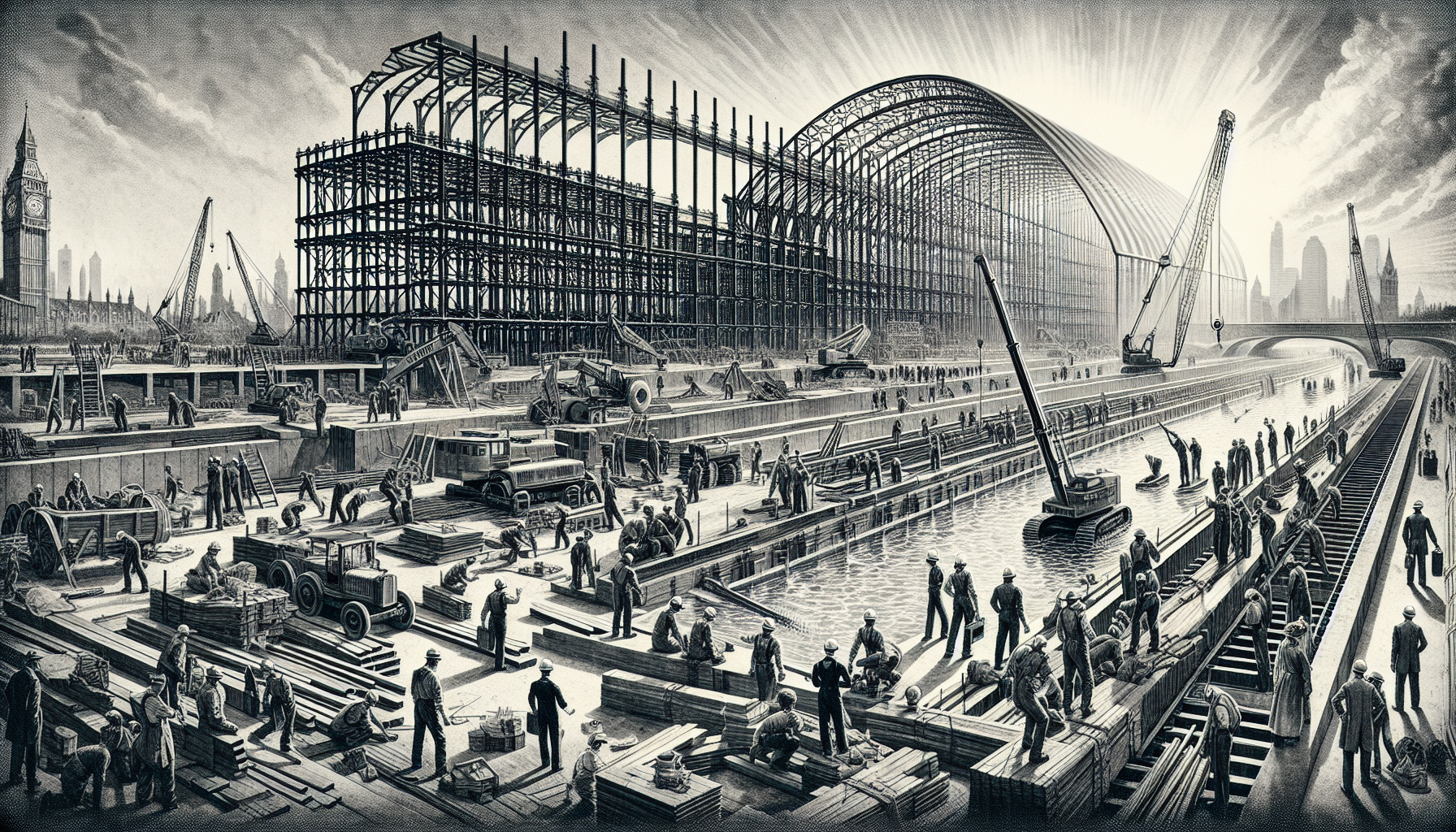 Historic illustration of steel construction in an evolving urban landscape.