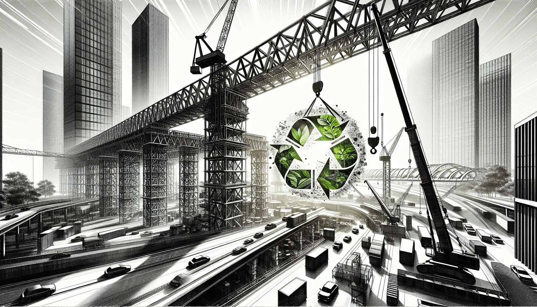 Futuristic steel construction cityscape with cranes and skyscrapers.