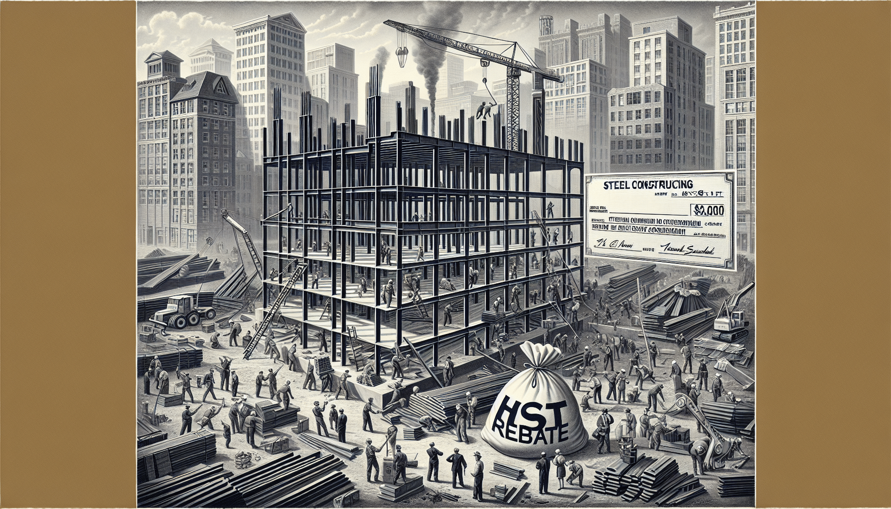 Steel construction site with workers and HST rebate symbol