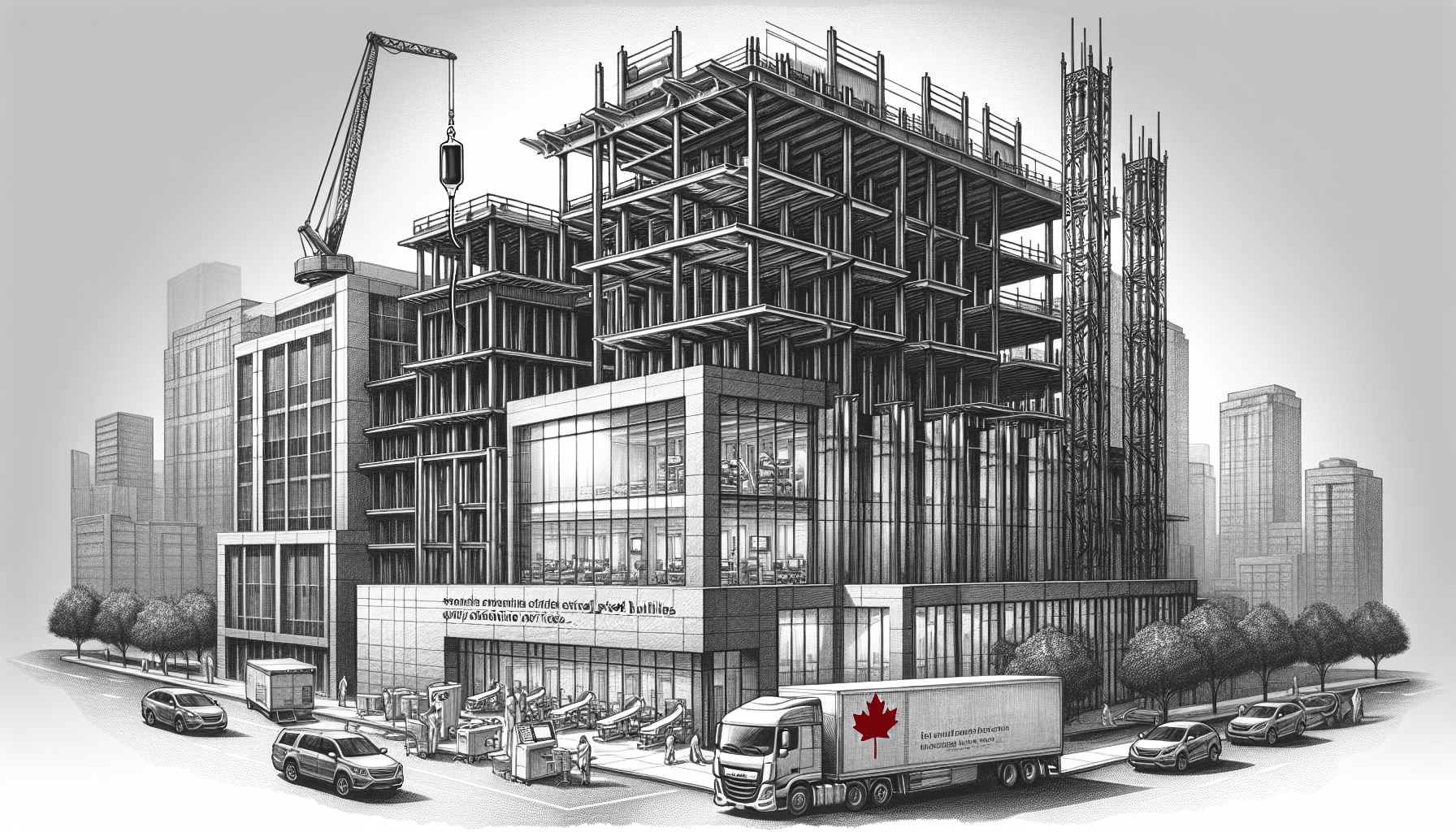 Steel construction of a modern healthcare facility in an urban setting.