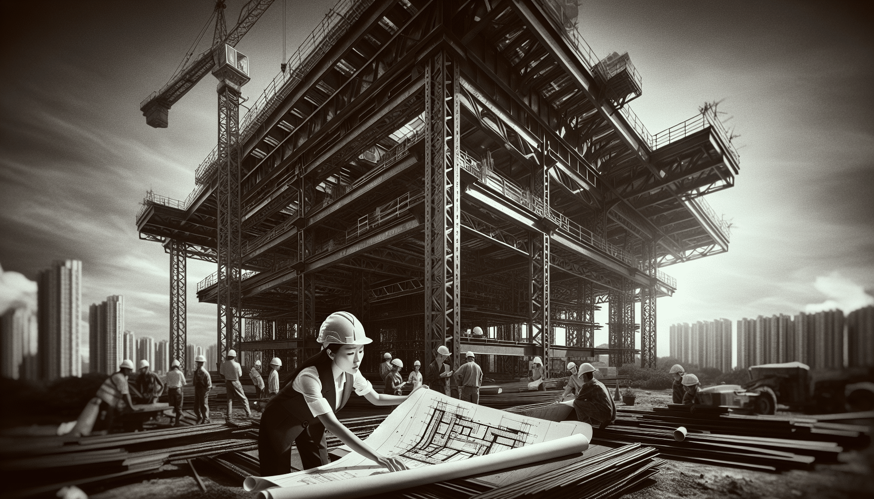 Architect reviewing blueprint at steel construction site with workers and cranes