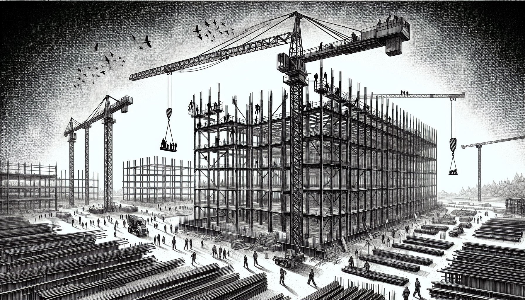 Steel construction site with cranes and workers on a large framework.