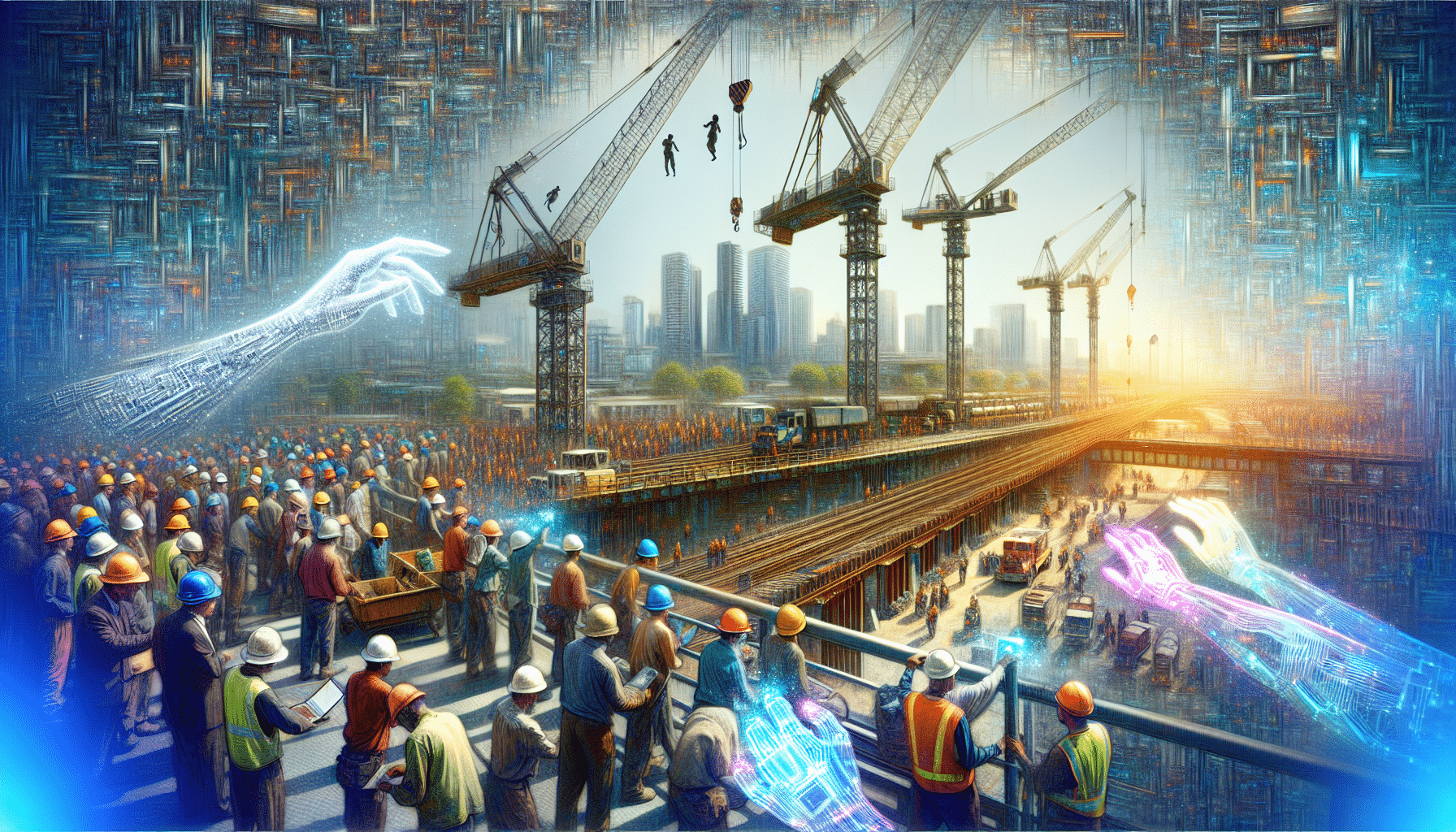 Steel construction site with digital hands and cranes symbolizing cyber influence.