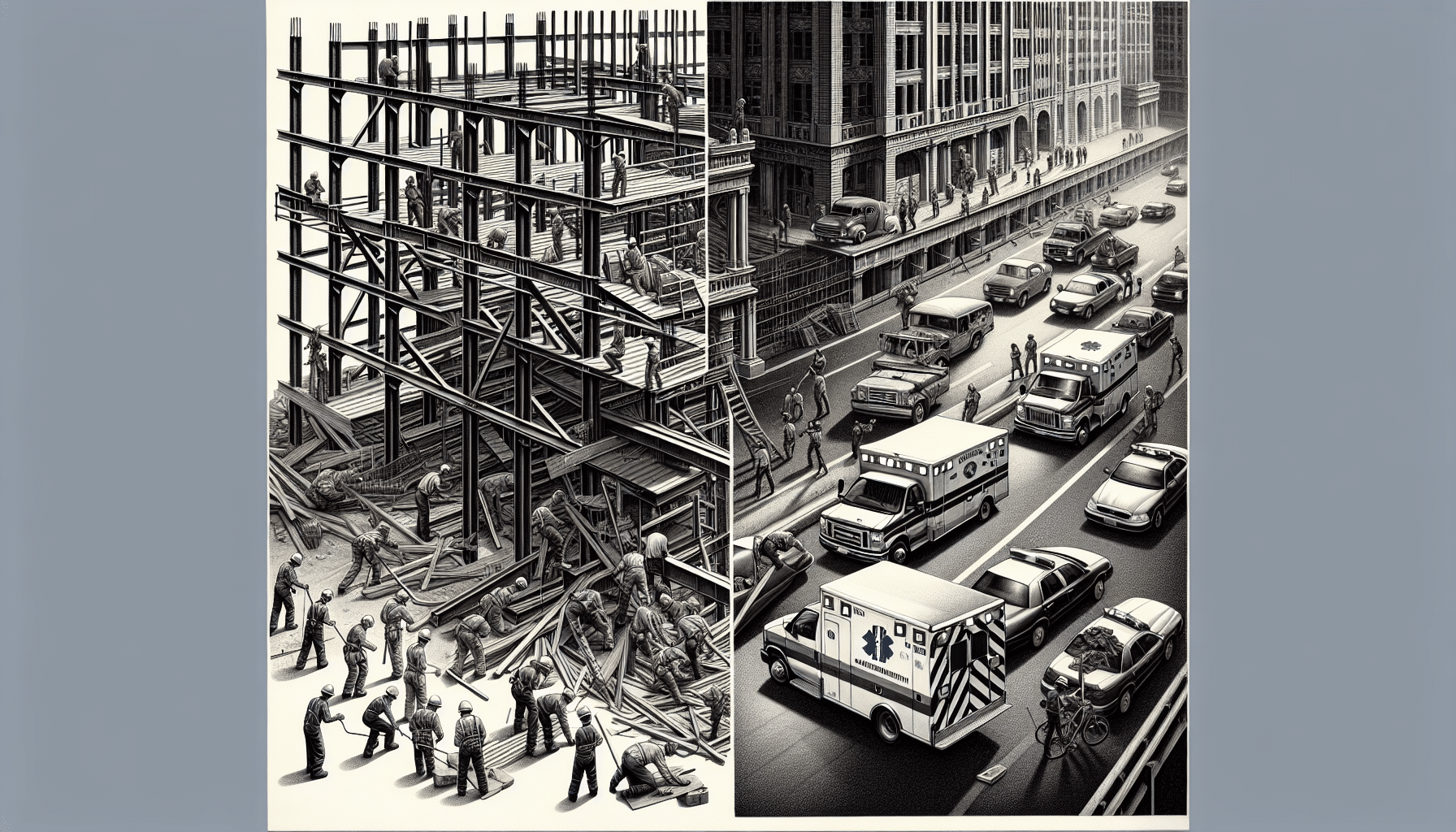 Steel construction site with emergency response vehicles on a busy street.