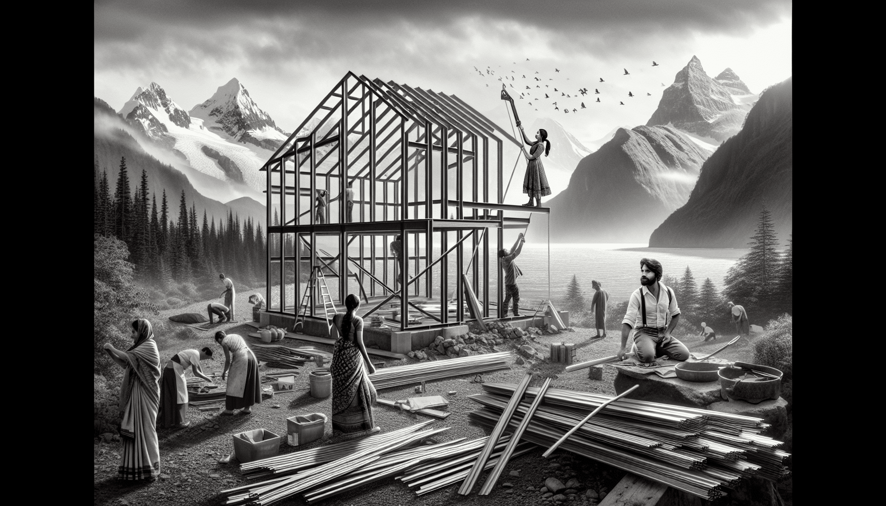 Steel building construction in scenic British Columbia with mountains in the background.