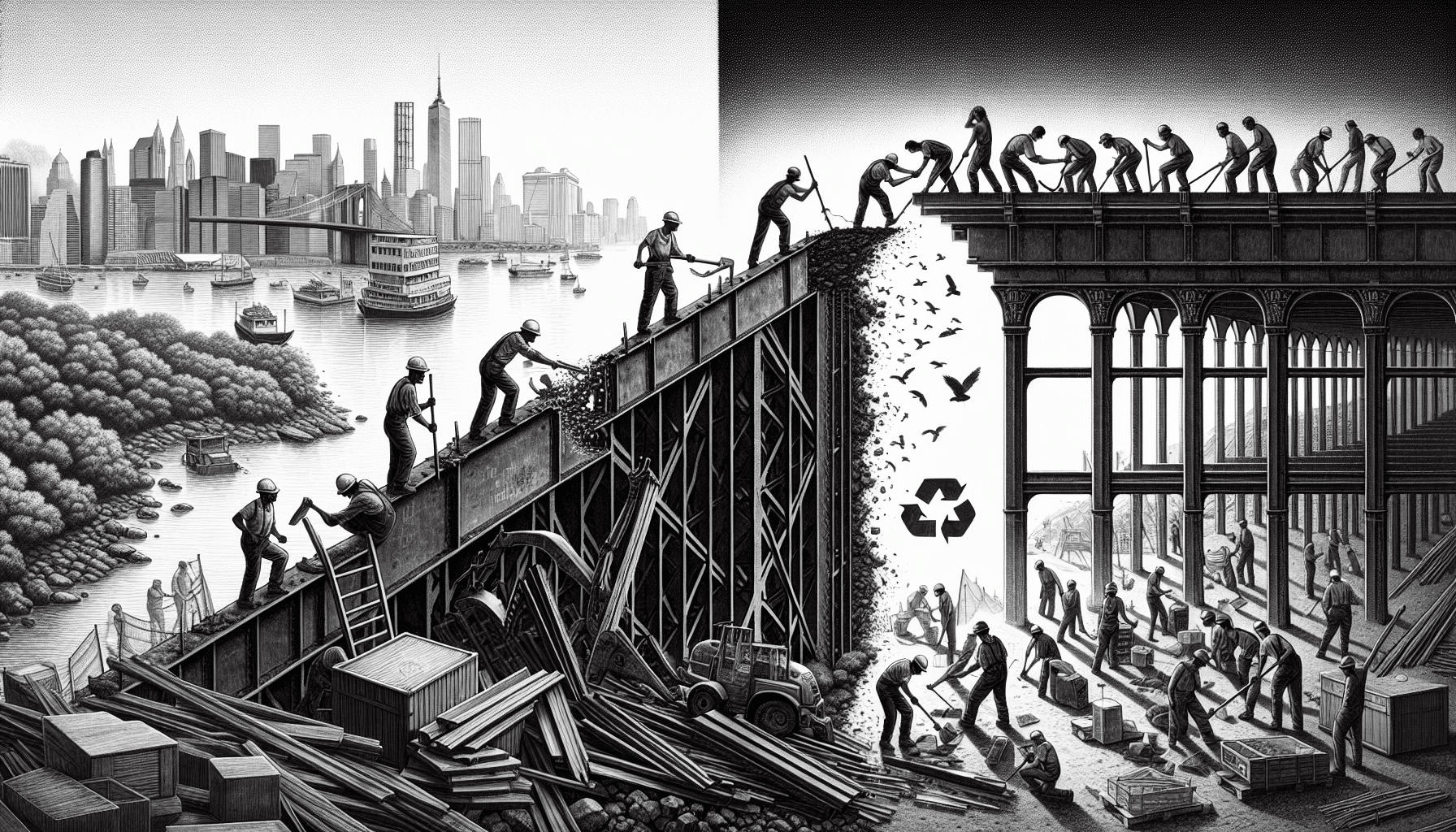 Illustration of steel deconstruction and construction cycle with workers and cityscape.